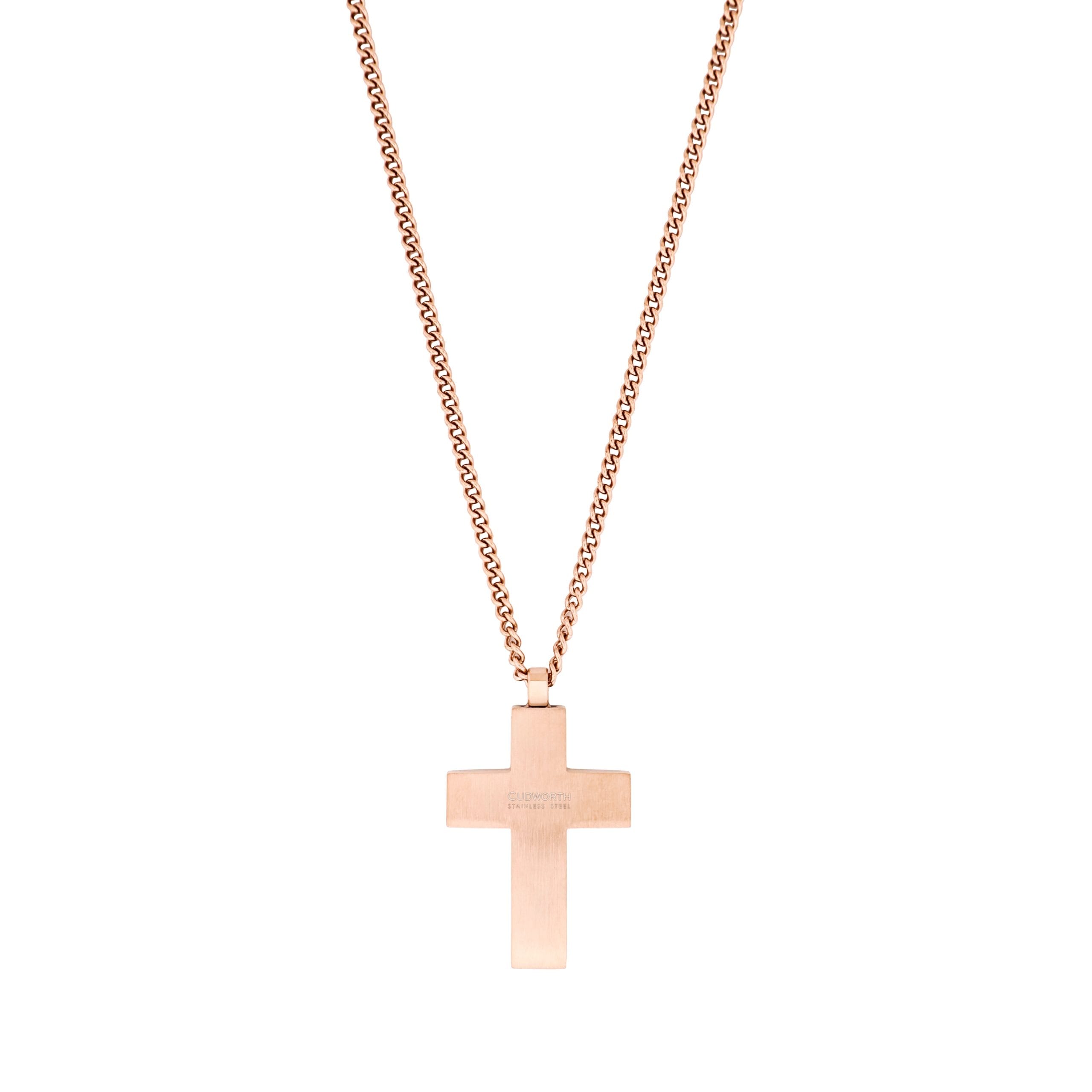 Ion Plated Rose Gold & Black Chequered Inlay Cross OnIon Plated Rose Gold Curbed Link Chain