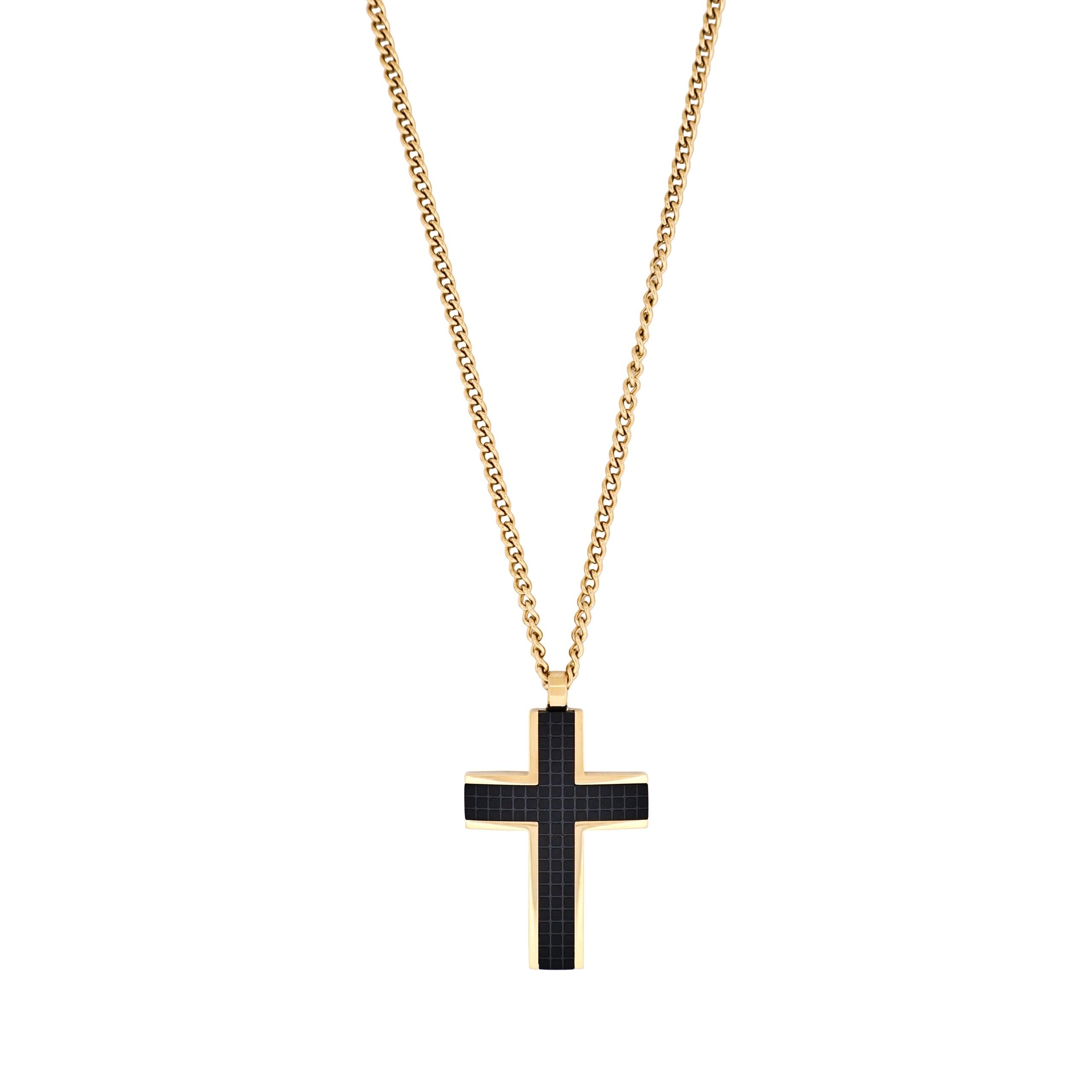 Ion Plated 14k Gold & Black Chequered Inlay Cross OnIon Plated Gold Curbed Link Chain