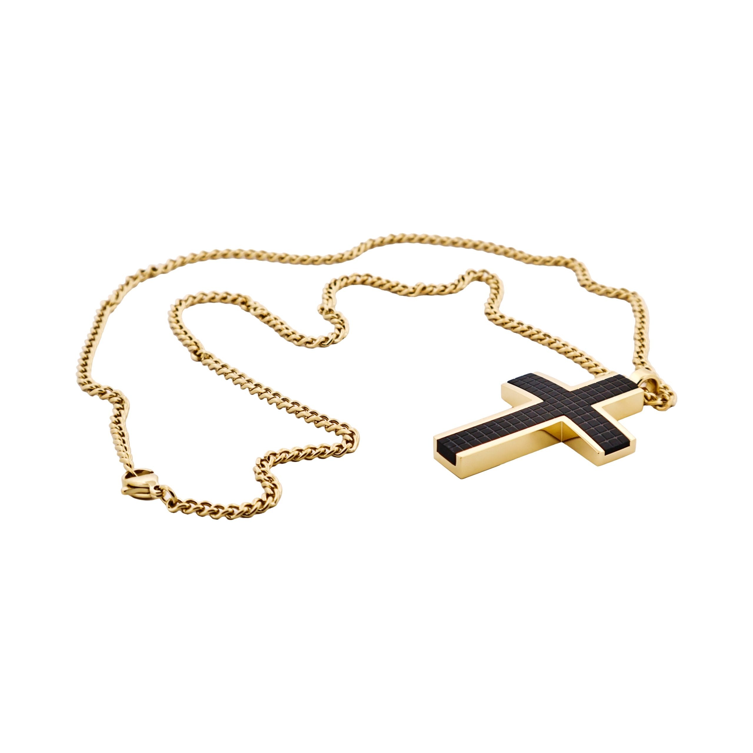 Ion Plated 14k Gold & Black Chequered Inlay Cross OnIon Plated Gold Curbed Link Chain