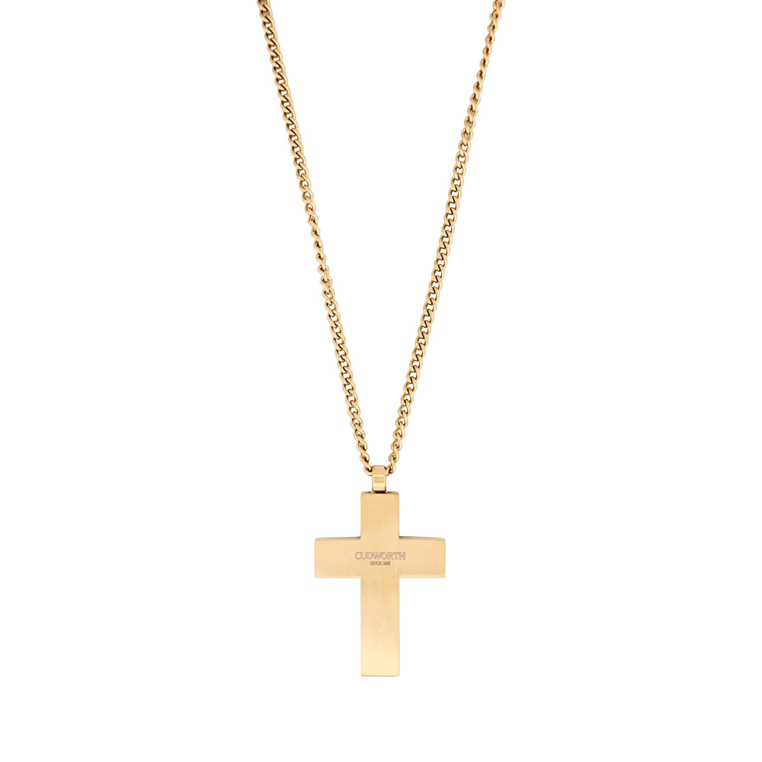 Ion Plated 14k Gold & Black Chequered Inlay Cross OnIon Plated Gold Curbed Link Chain