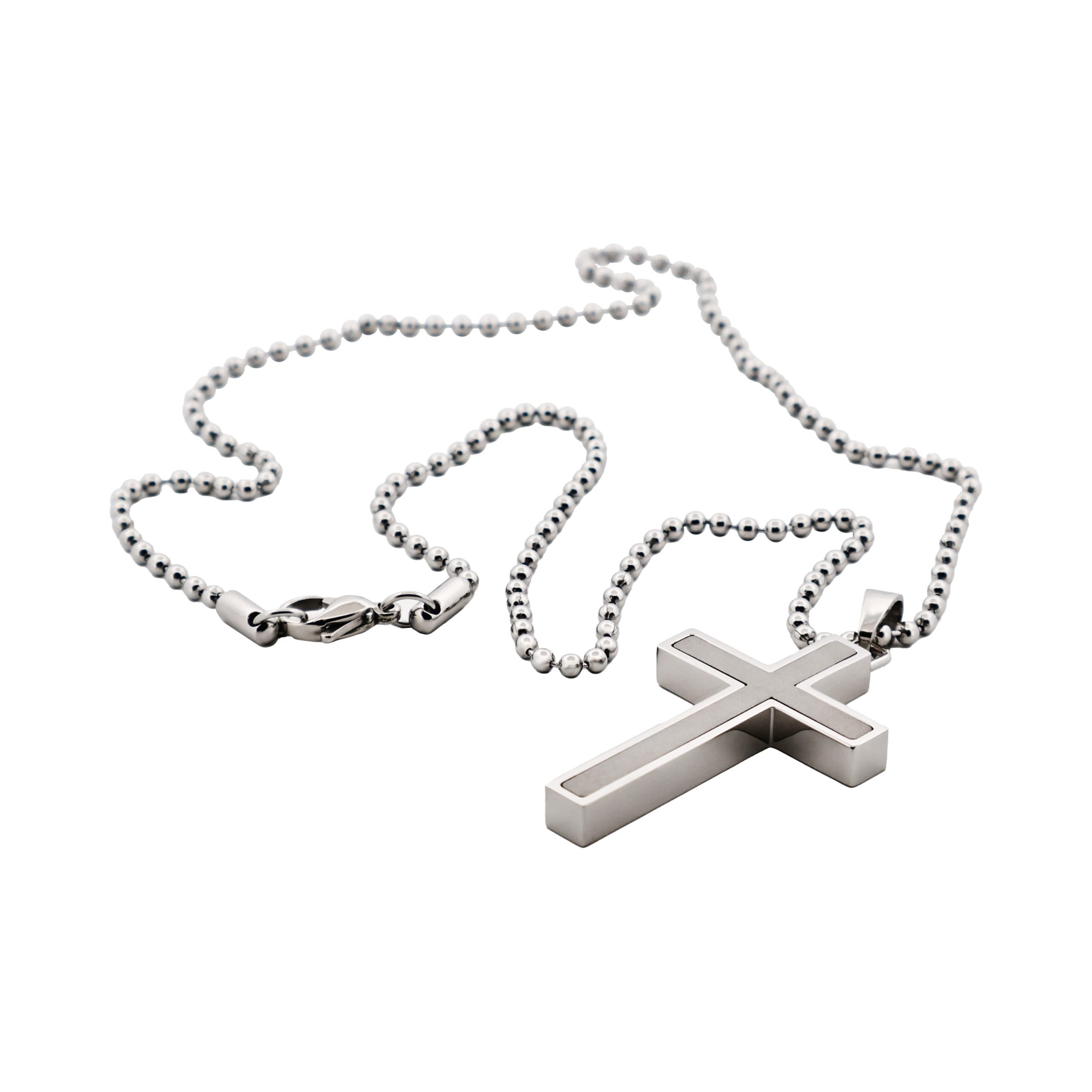 Polished Stainless Steel Cross Pendant with Ion Plated Pearl Inlay on Ball Chain