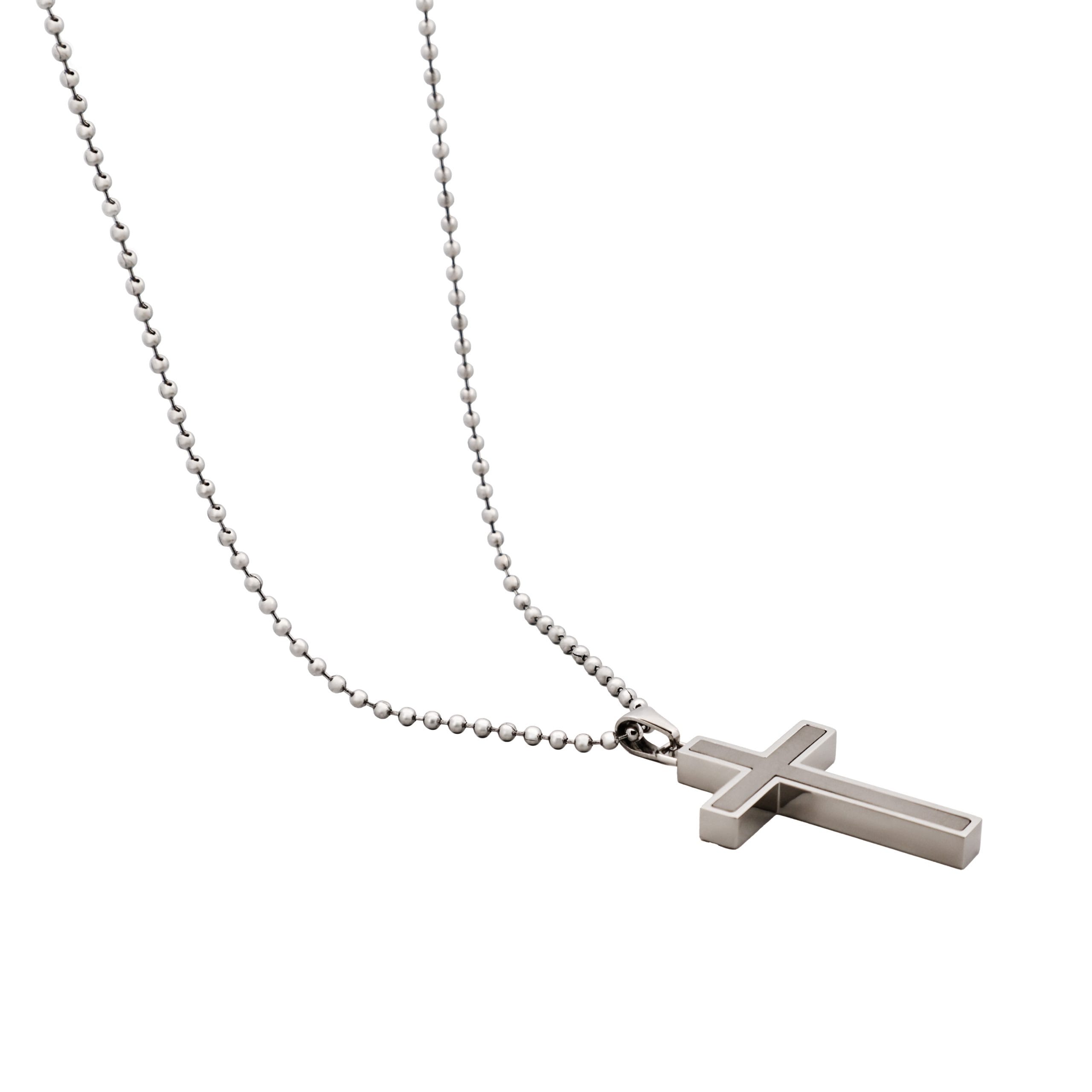 Polished Stainless Steel Cross Pendant with Ion Plated Pearl Inlay on Ball Chain