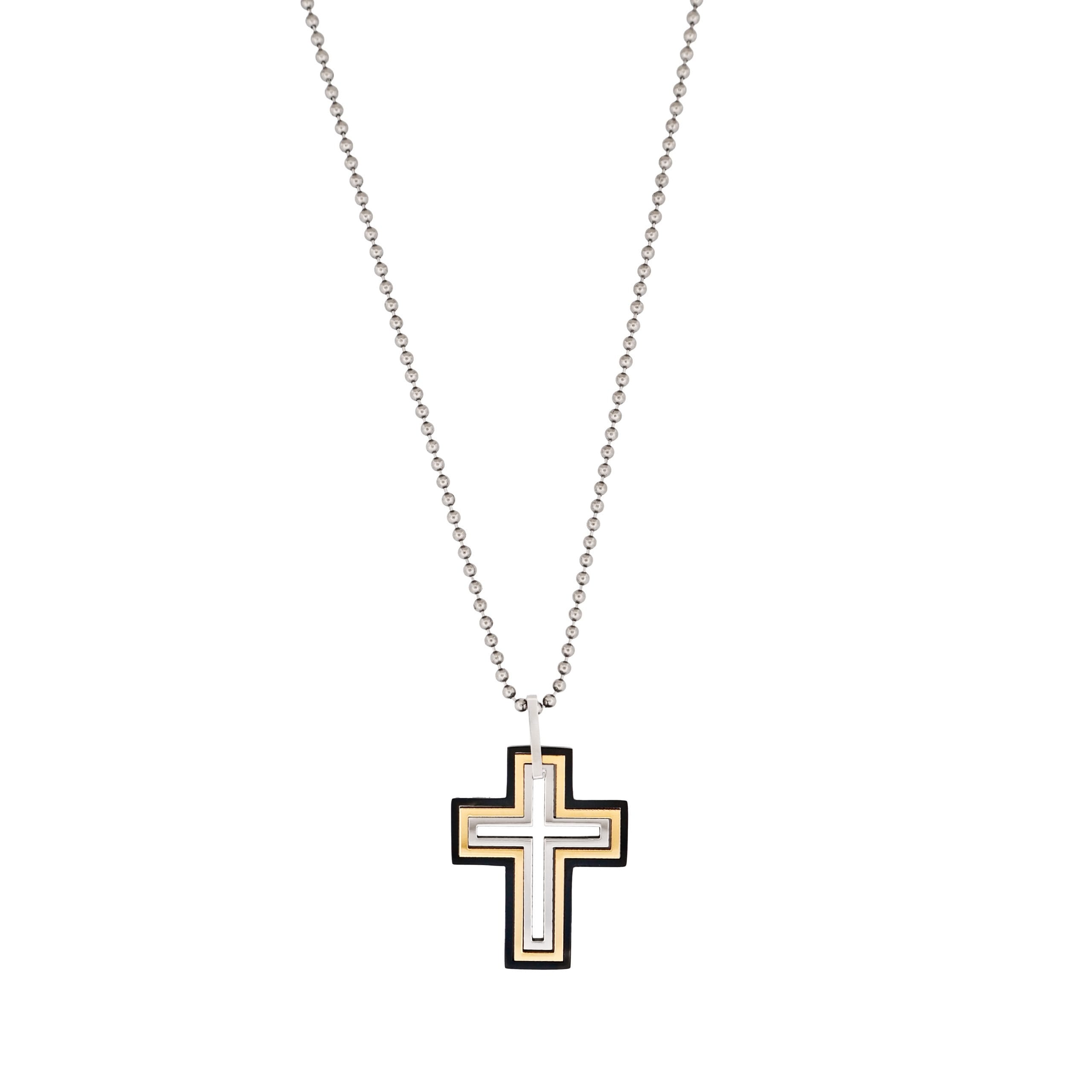 Ion Plated Gold & Black Stainless Steel Cut -Out Cross Pendant on Ball Chain