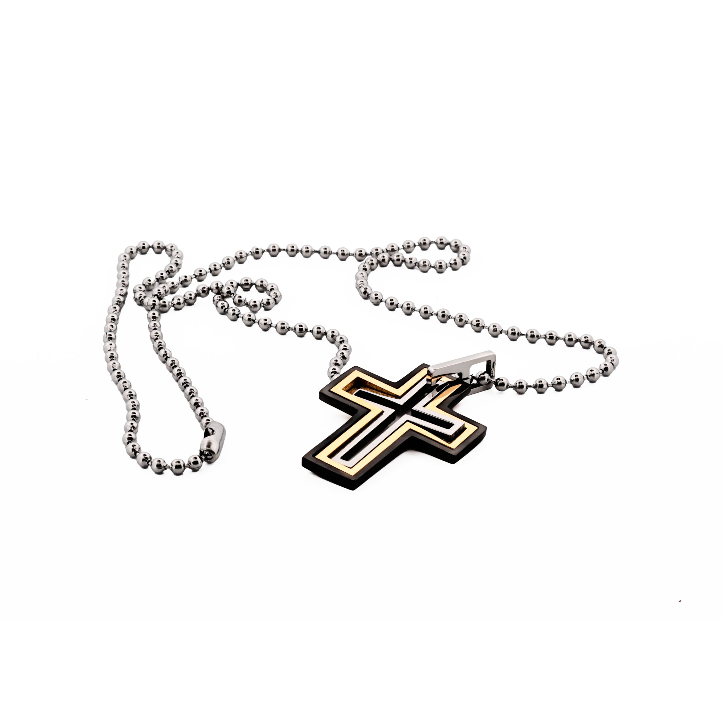 Ion Plated Gold & Black Stainless Steel Cut -Out Cross Pendant on Ball Chain