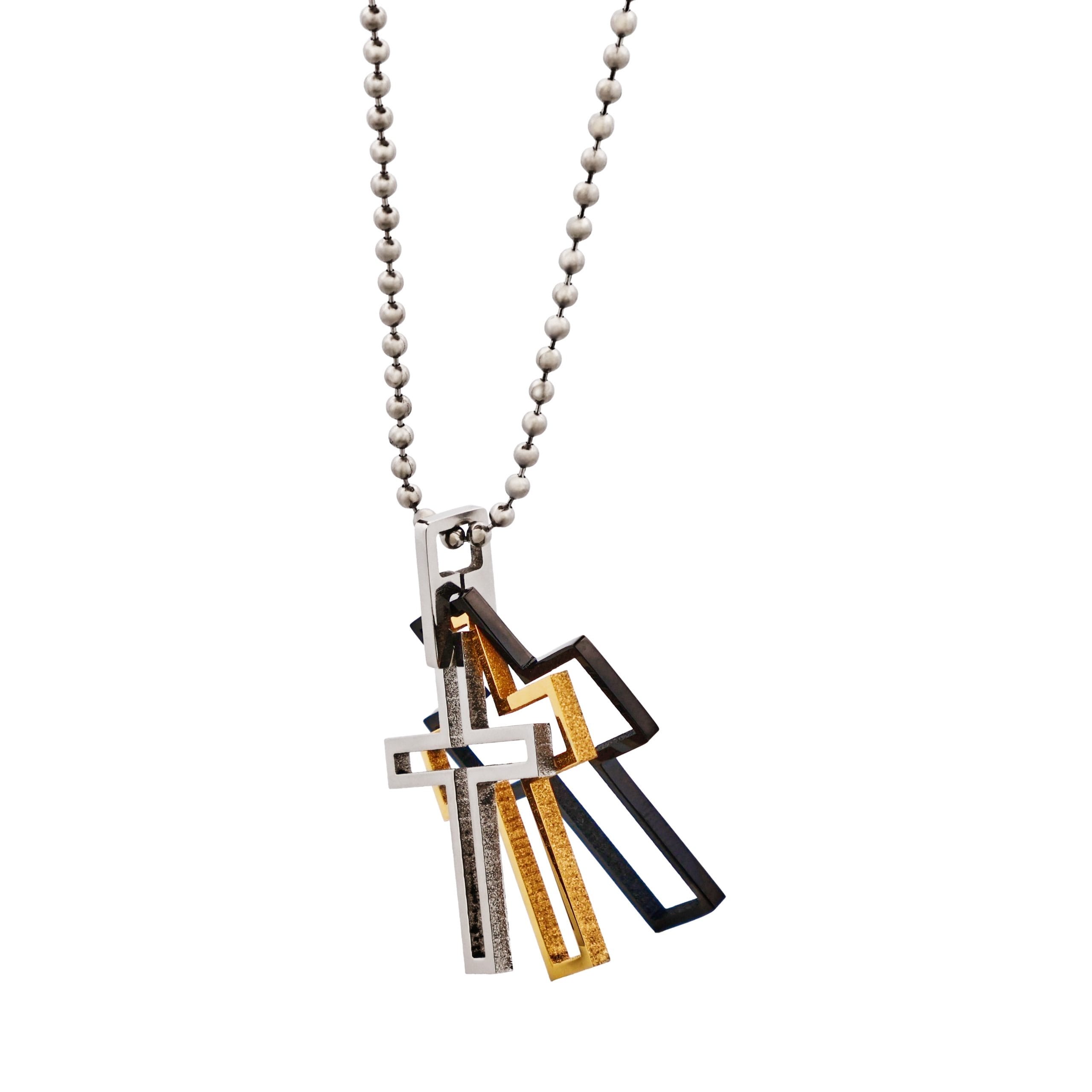 Ion Plated Gold & Black Stainless Steel Cut -Out Cross Pendant on Ball Chain