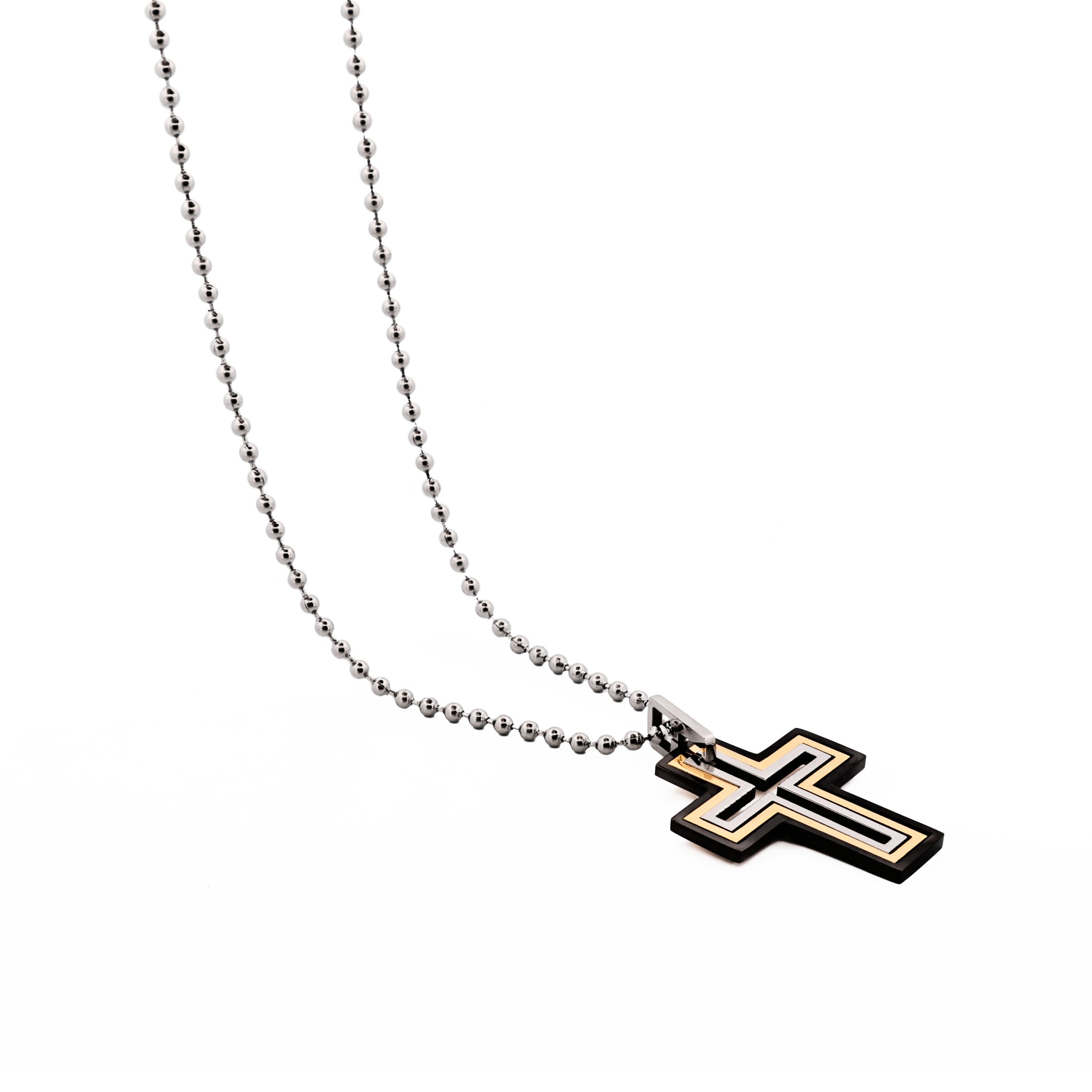 Ion Plated Gold & Black Stainless Steel Cut -Out Cross Pendant on Ball Chain