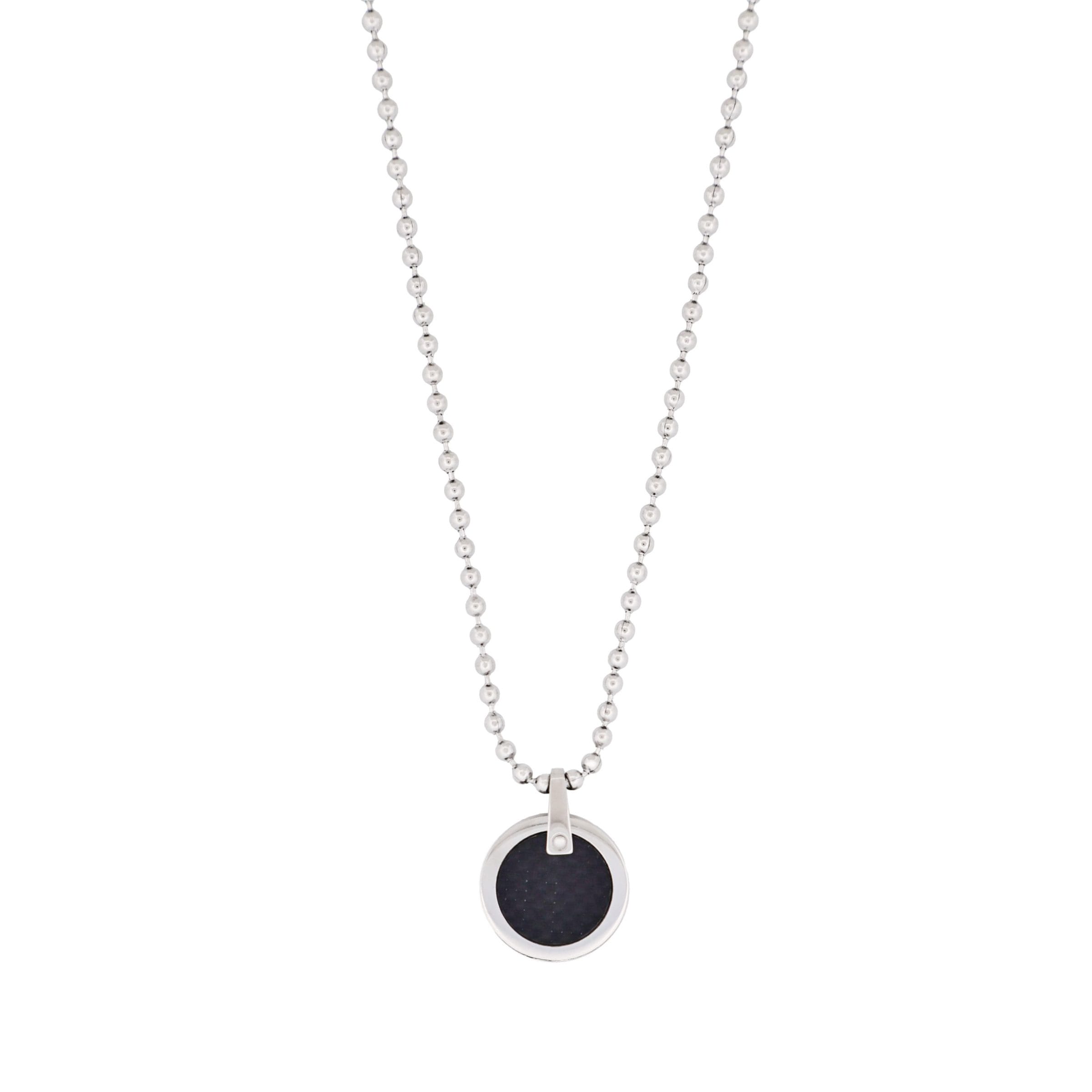 Stainless Steel & Carbon Round Shape Pendant & 55cm Ball Chain