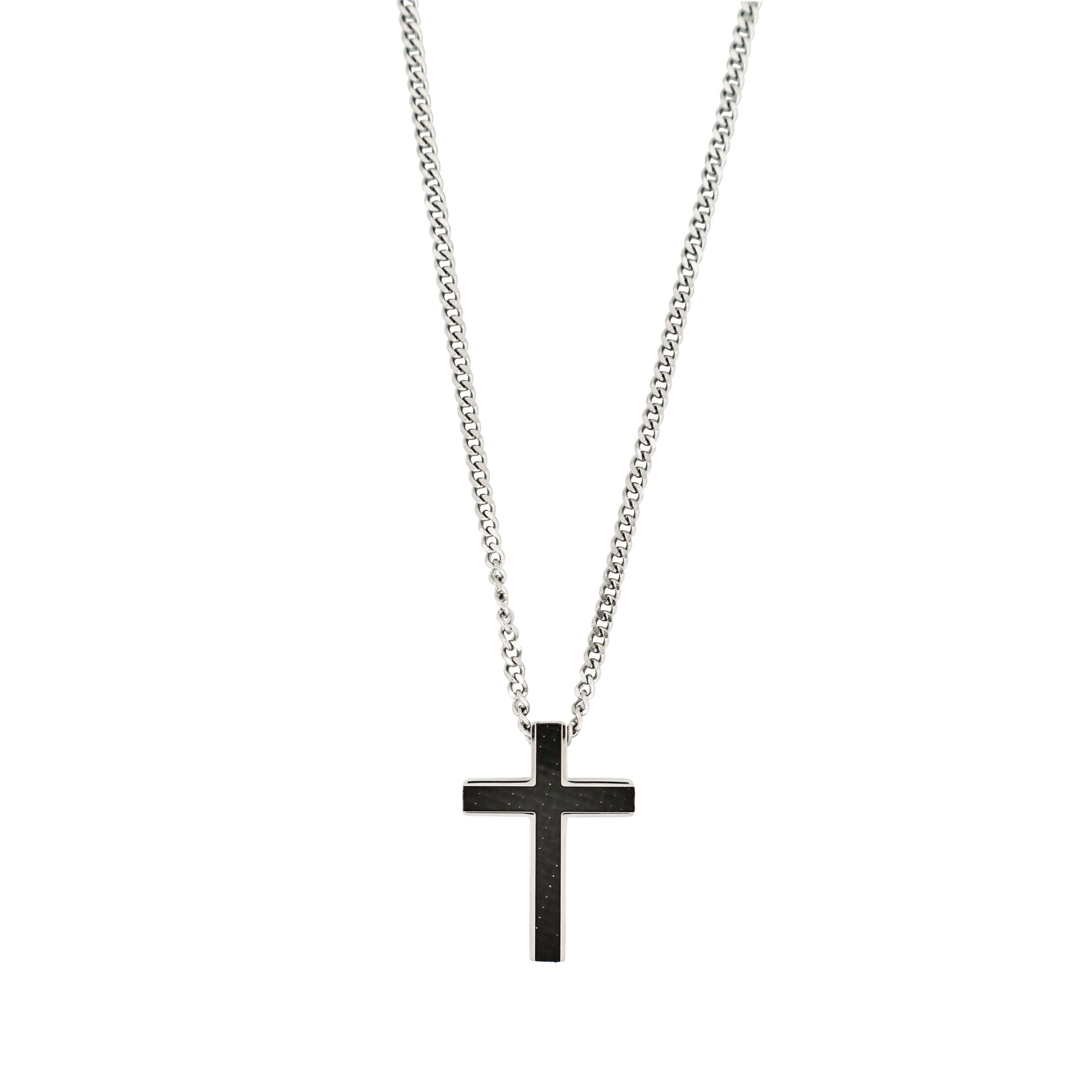 Stainless Steel & Carbon Fibre Cross Pendant on Curbed Link Chain