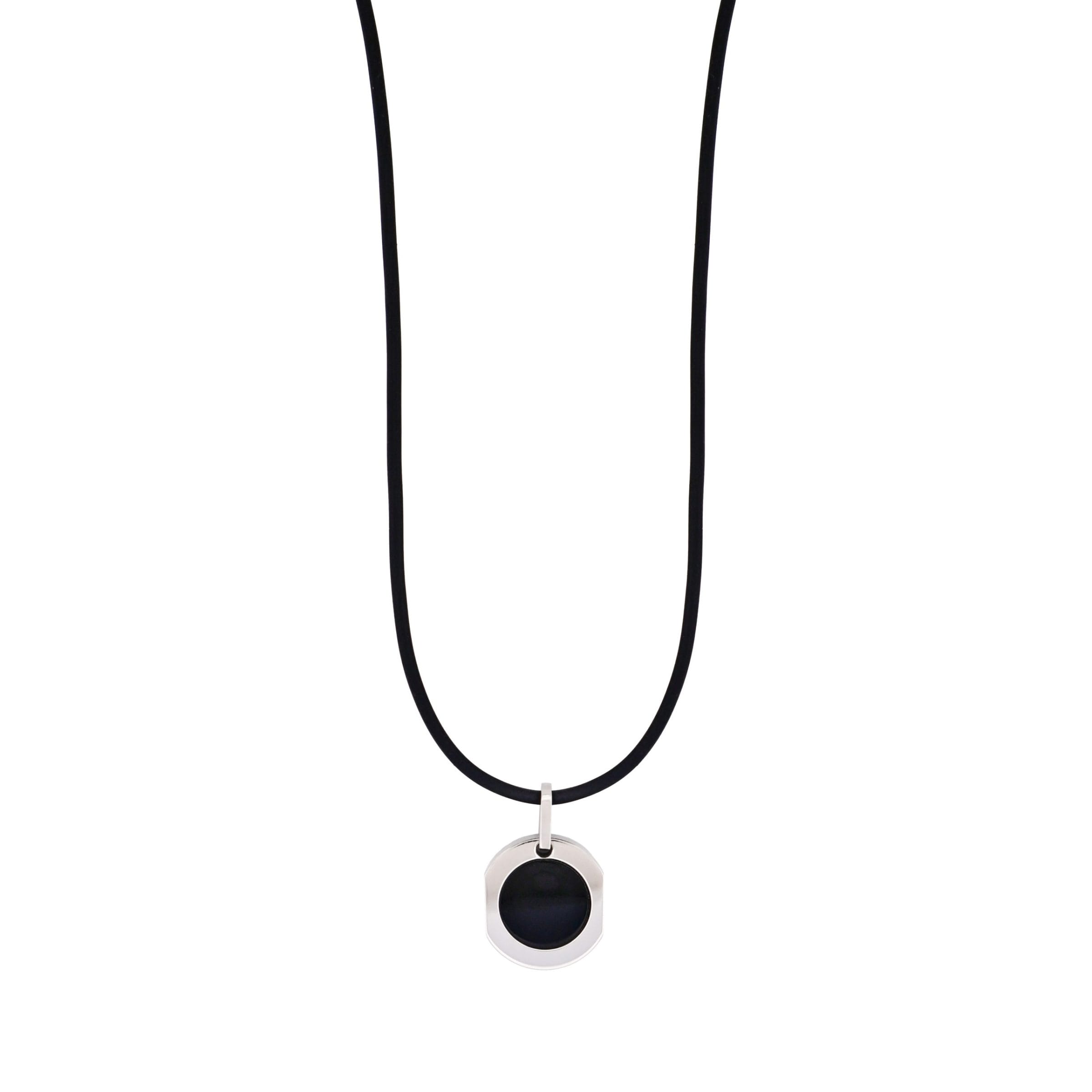 Polished Stainless Steel & Onyx Round Pendant on Chain