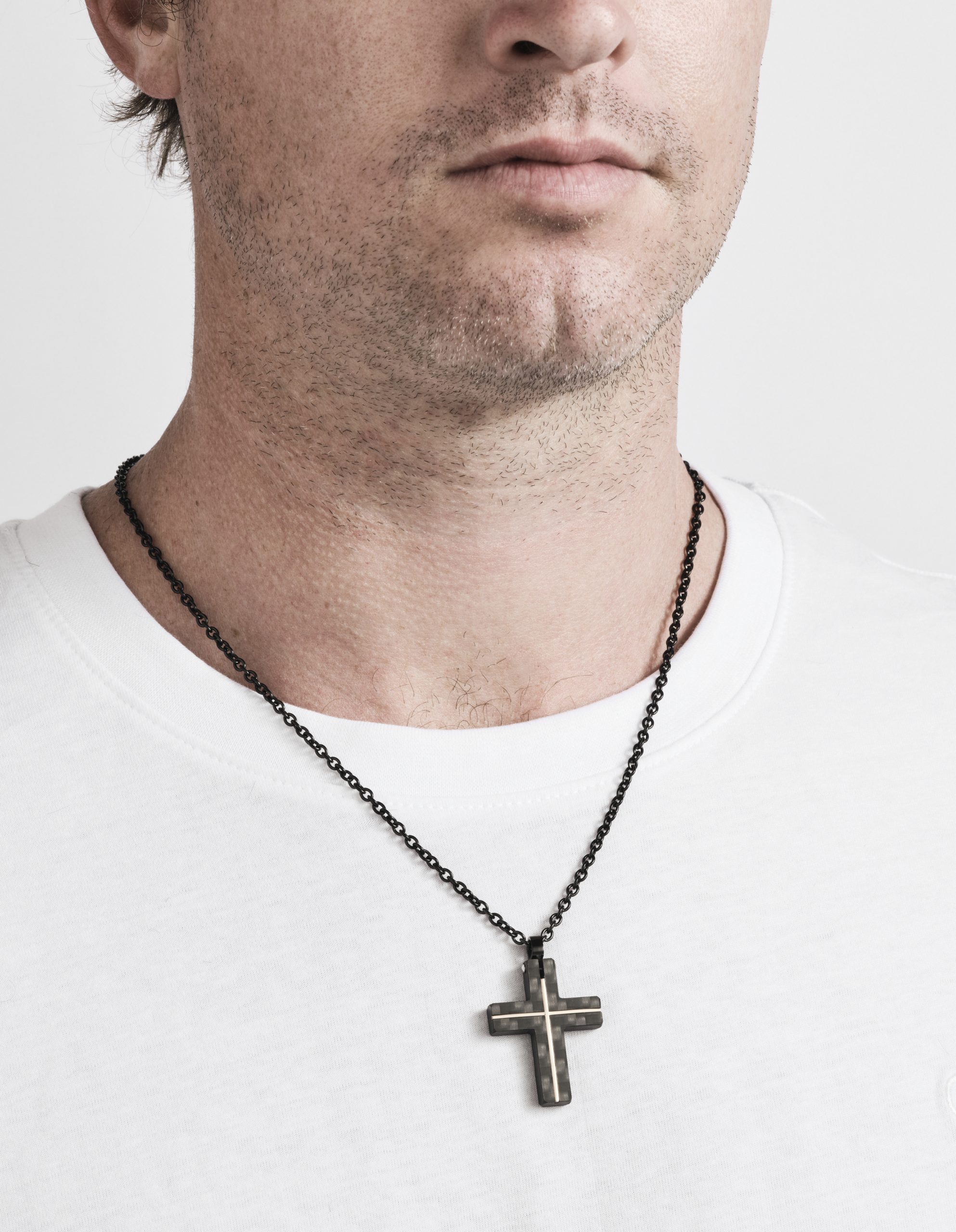 Carbon Fibre Cross with Ion Plated Rose Gold Lines & Ion Plated Black 55cm Chain