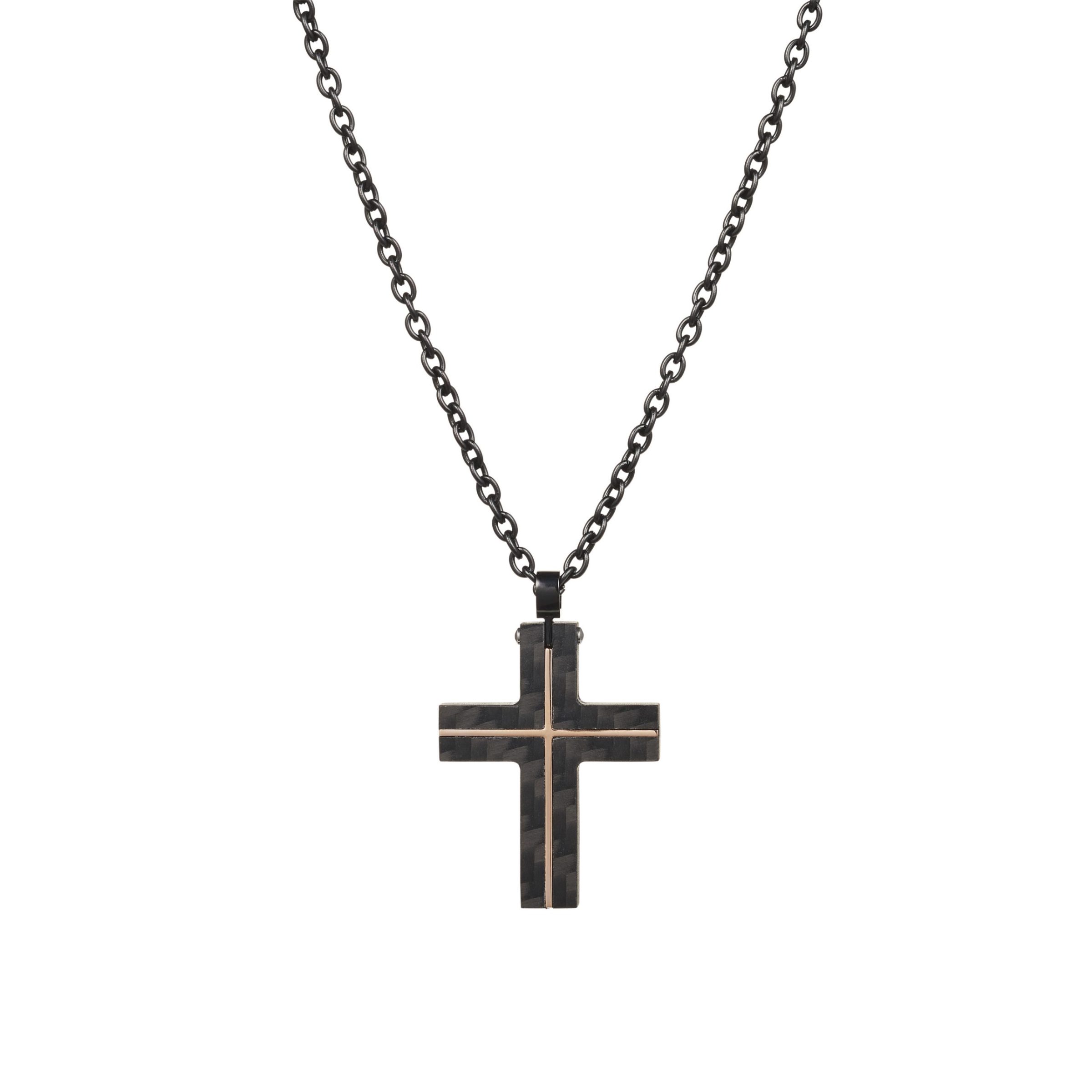 Carbon Fibre Cross with Ion Plated Rose Gold Lines & Ion Plated Black 55cm Chain