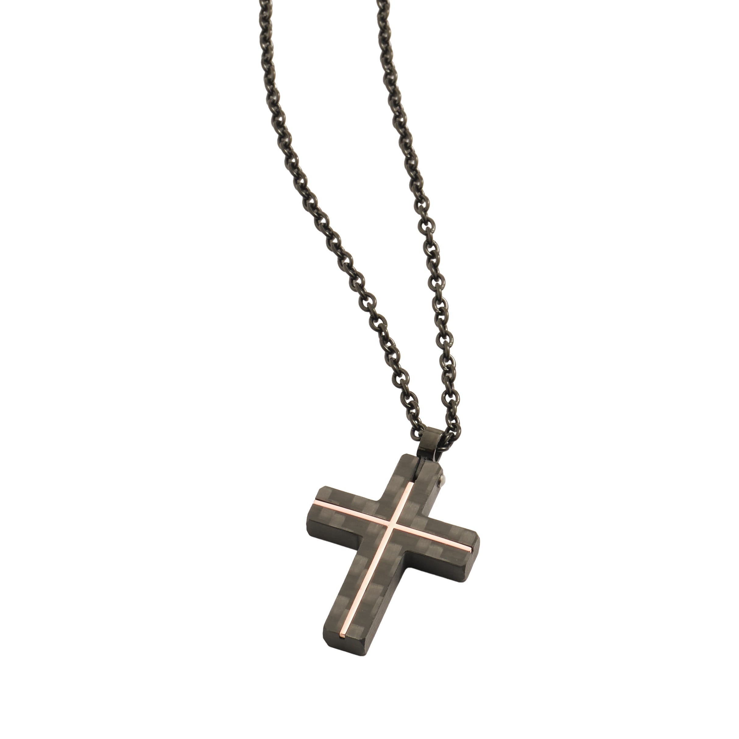 Carbon Fibre Cross with Ion Plated Rose Gold Lines & Ion Plated Black 55cm Chain