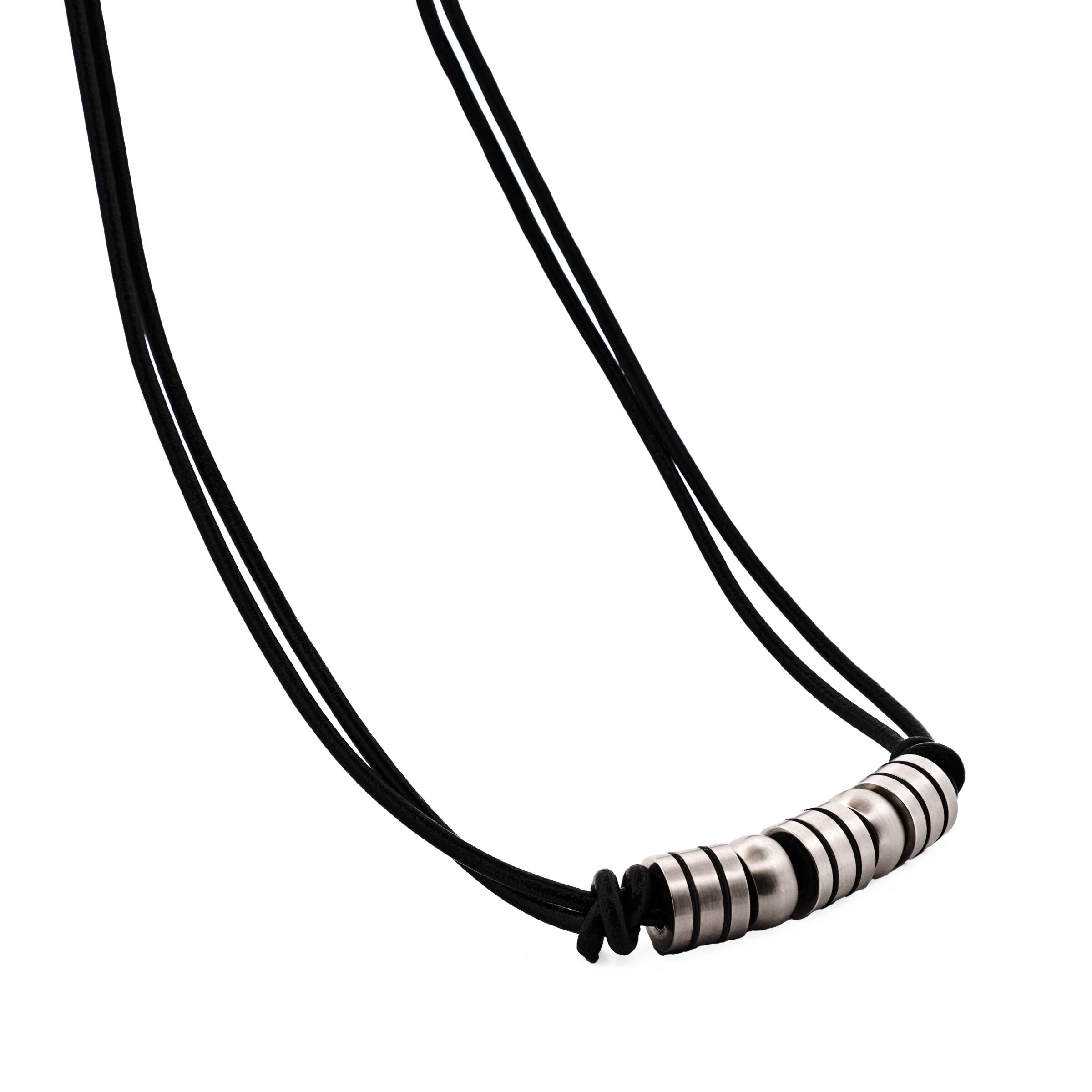 Stainless Steel Black Striped Beaded & Leather Neck Chain