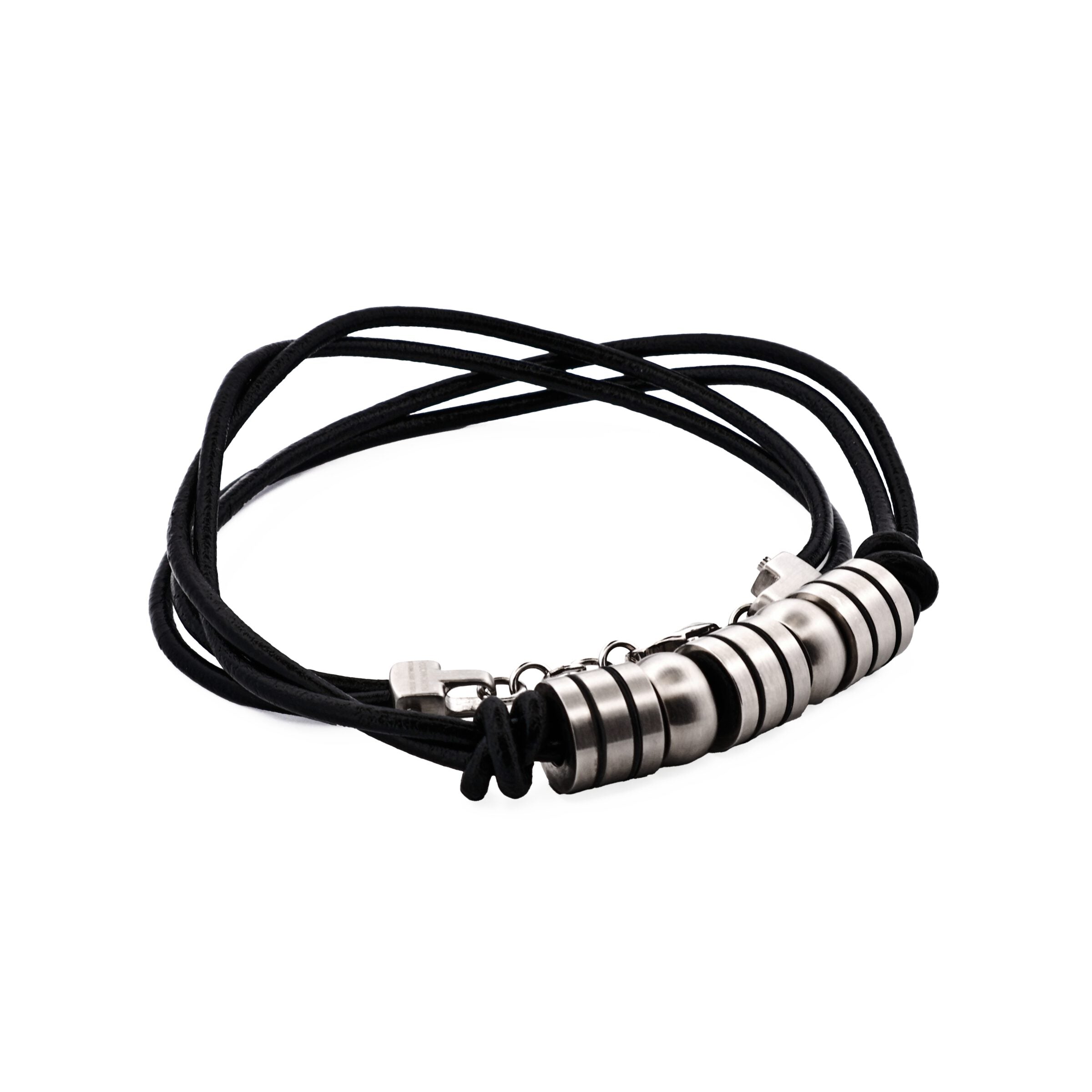 Stainless Steel Black Striped Beaded & Leather Neck Chain