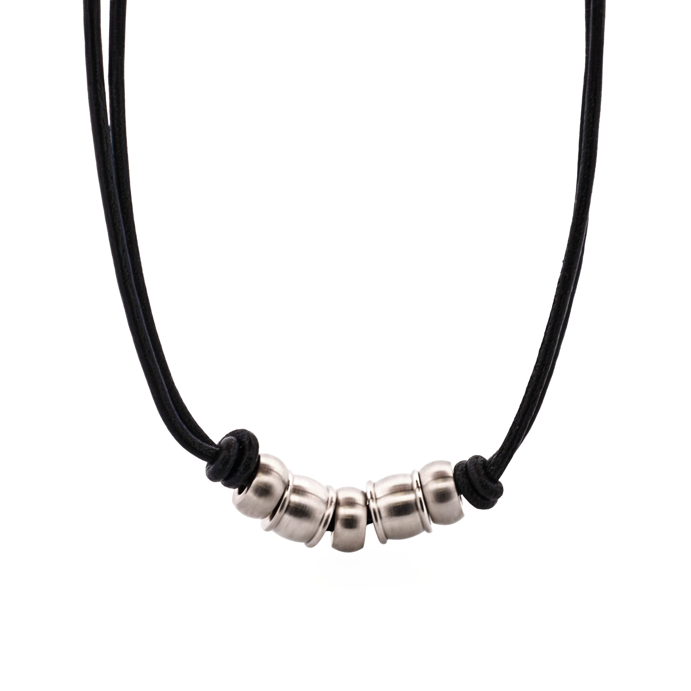 Brushed Stainless Steel Bead Pendant on Leather Chain