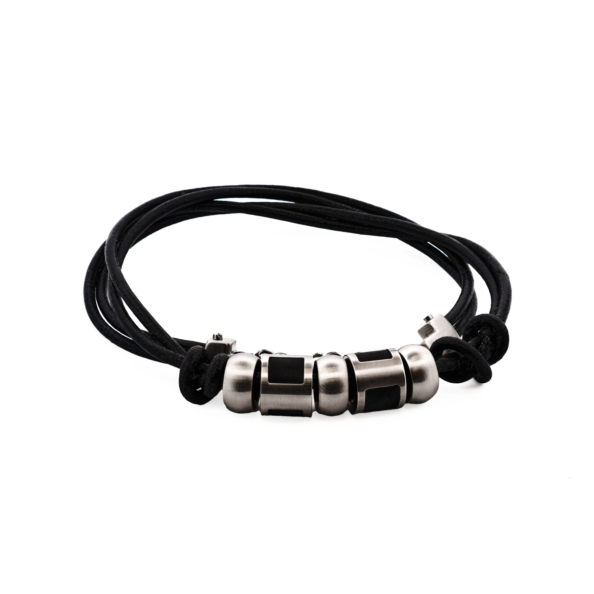 Stainless Steel &Ion Plated Black Bead Pendant on Leather Chain