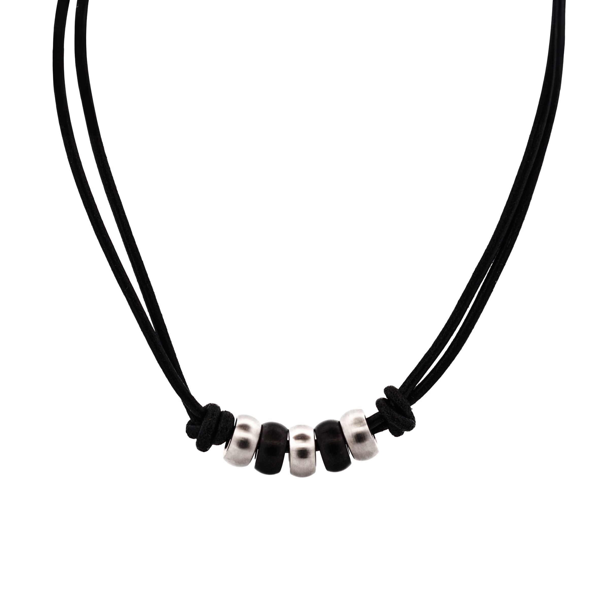 Steel Ion Plated Black Beaded/Leather Pendant