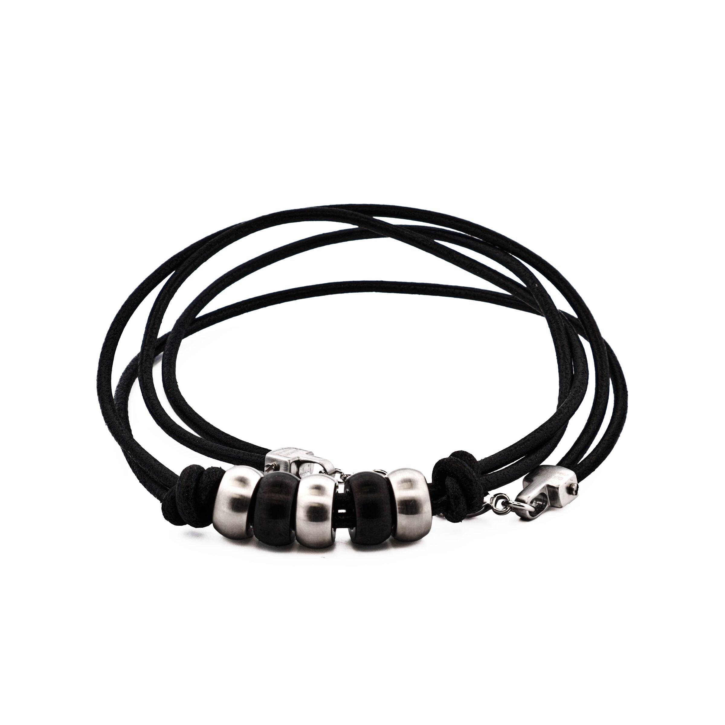 Steel Ion Plated Black Beaded/Leather Pendant