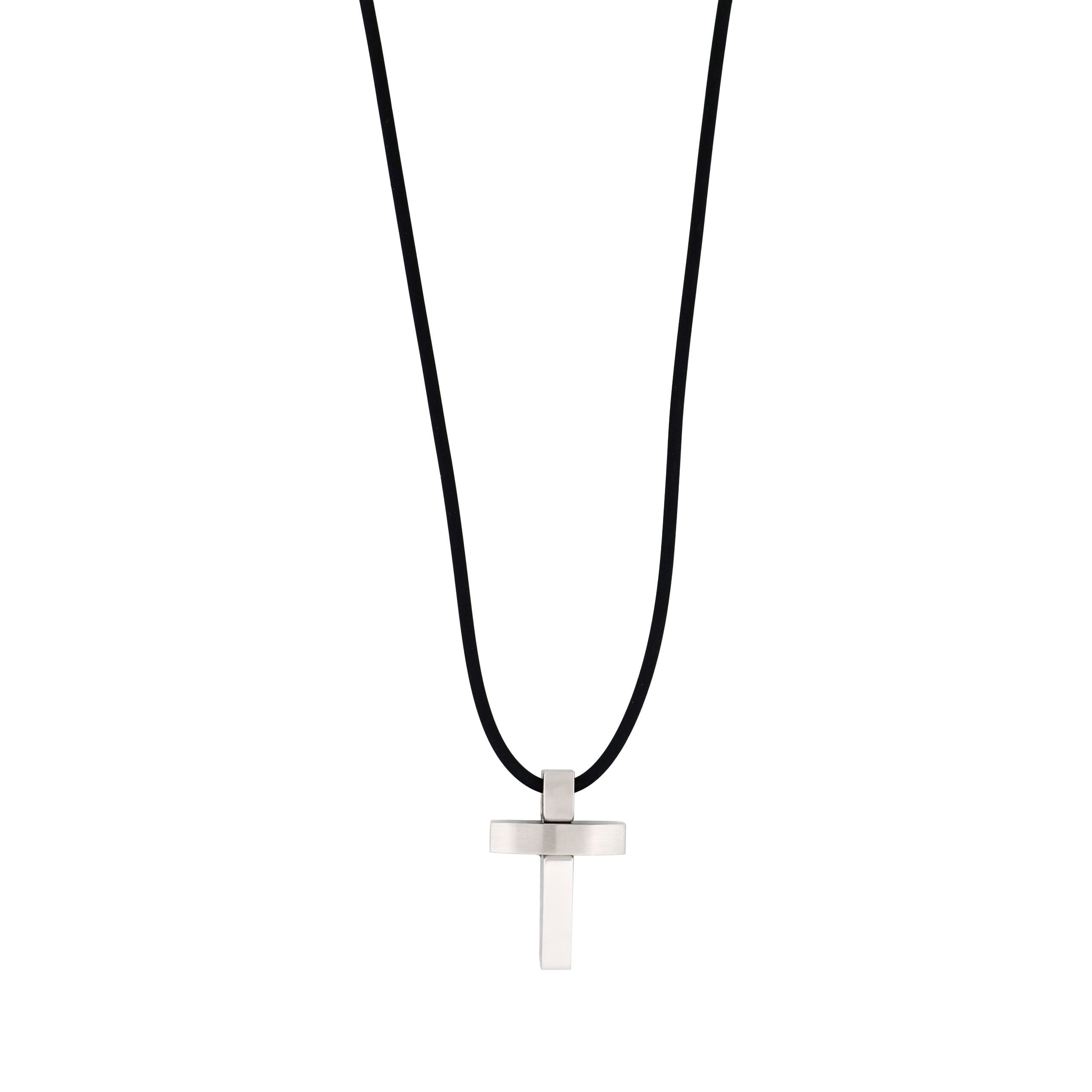 Polished Stainless Steel Cross Pendant on Rubber Chain