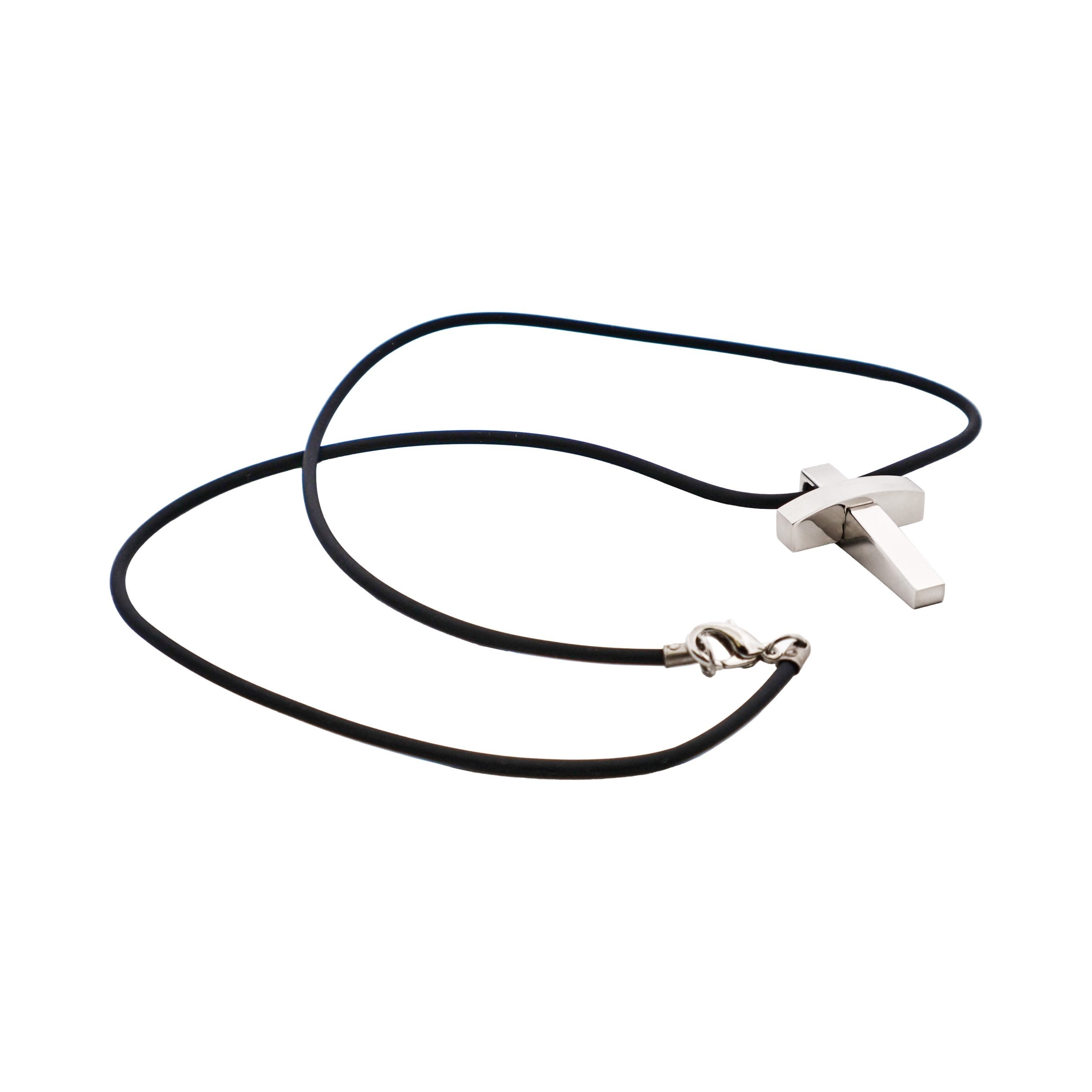 Polished Stainless Steel Cross Pendant on Rubber Chain