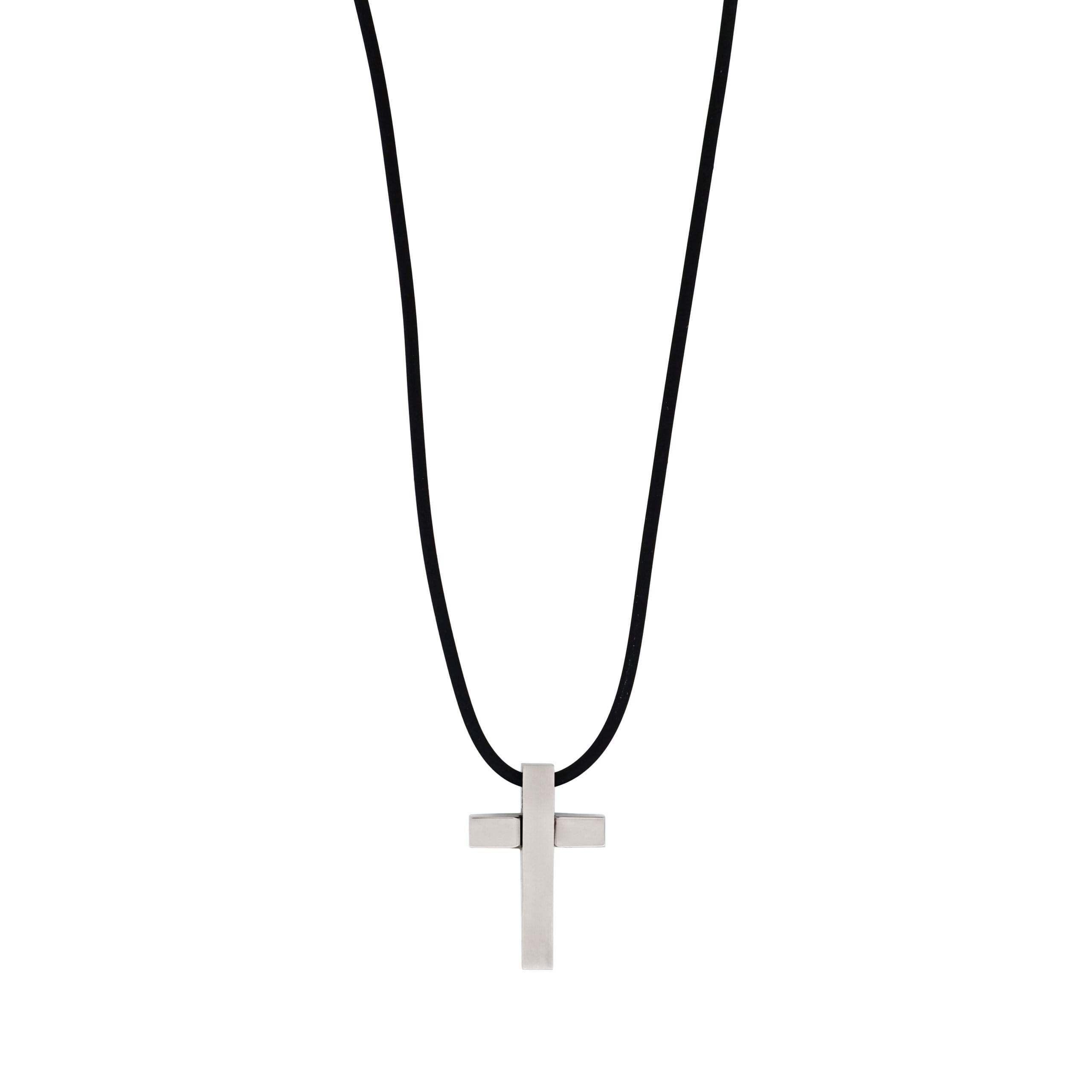 Polished Stainless Steel Cross Pendant on Rubber Chain