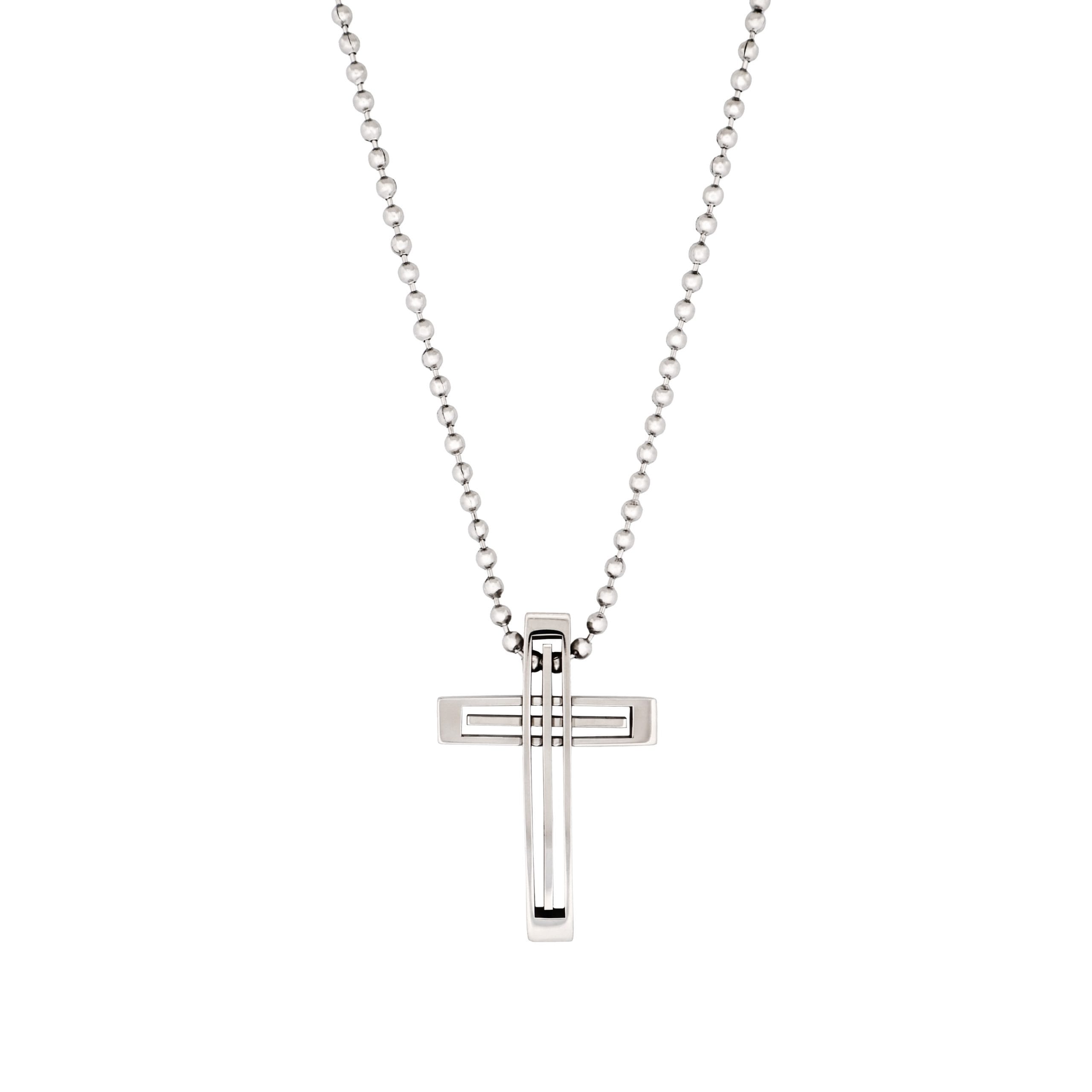 Stainless Steel Striped Cross Pendant & Ball Chain 55cm