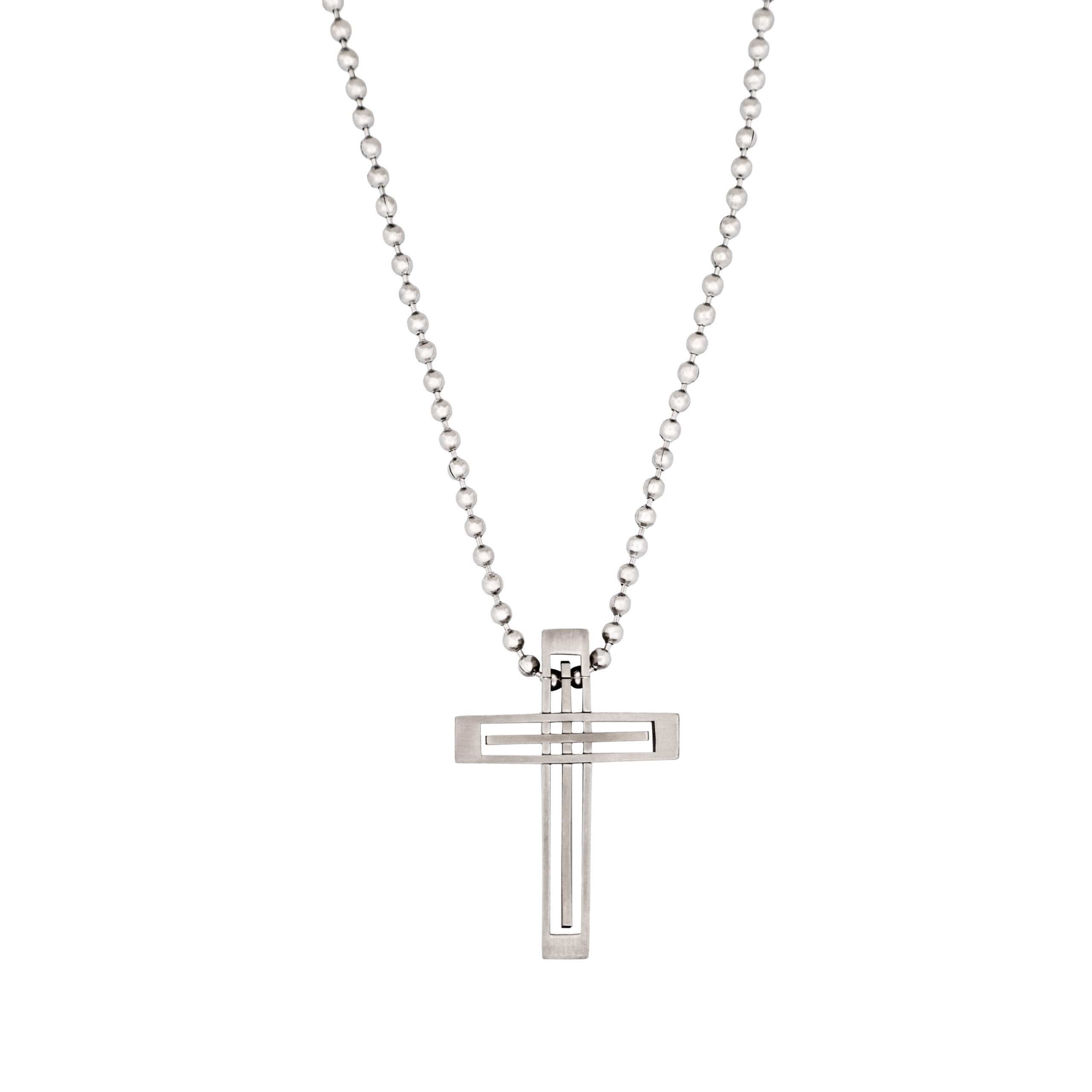 Stainless Steel Striped Cross Pendant & Ball Chain 55cm