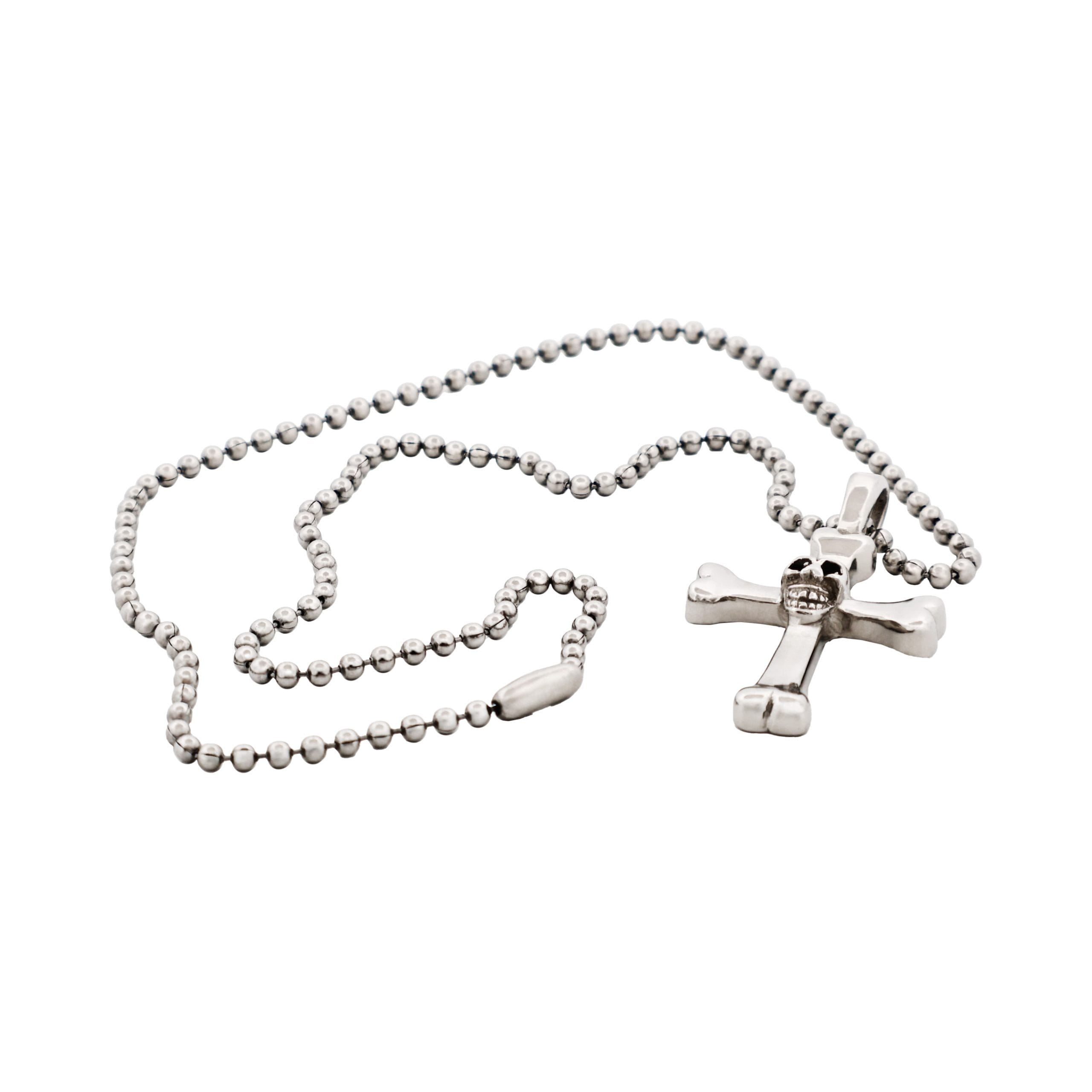 Stainless Steel Cross & Skull Pendant-55cm Ball Chain