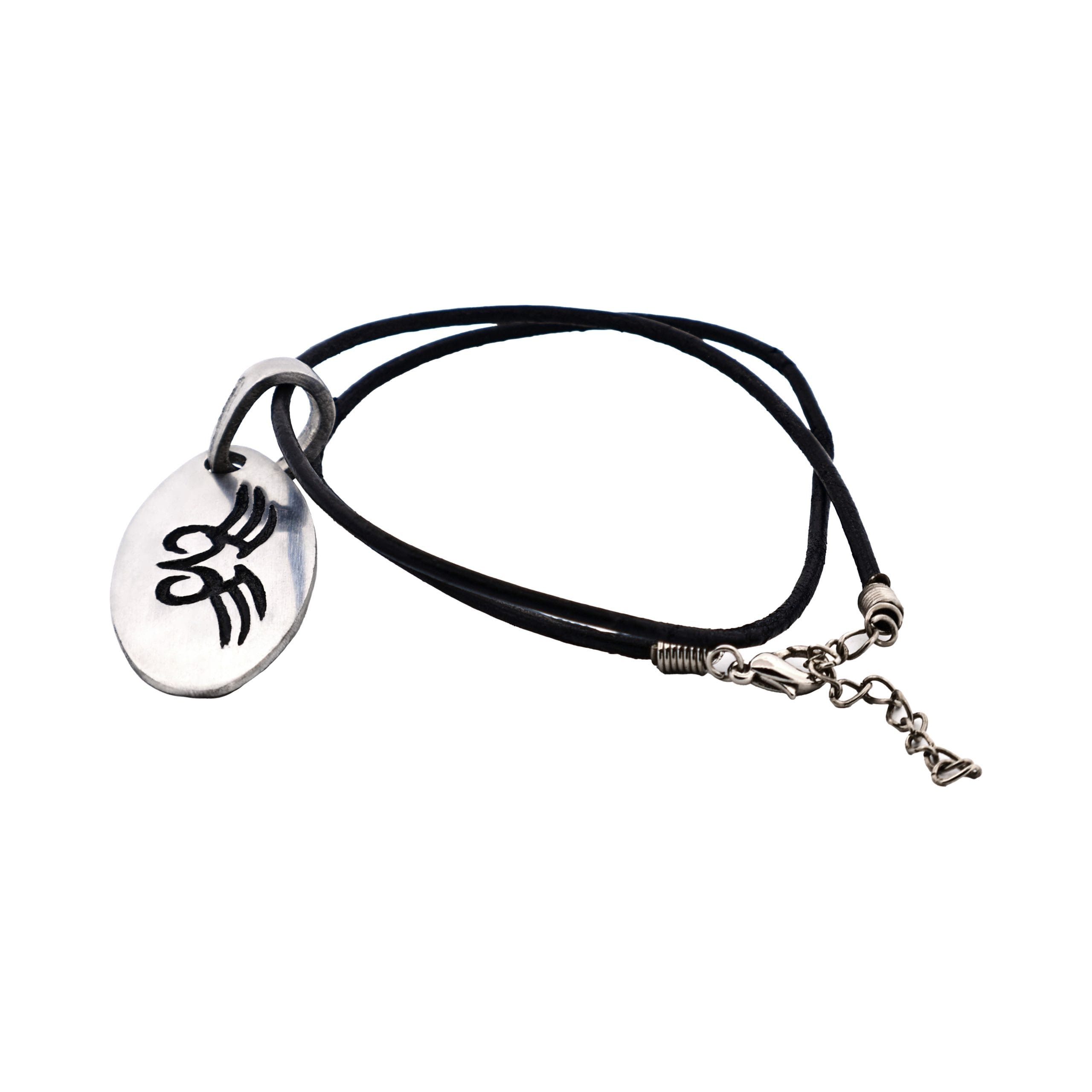 Alloy Oval Black Enamel Pendant on Leather Chain