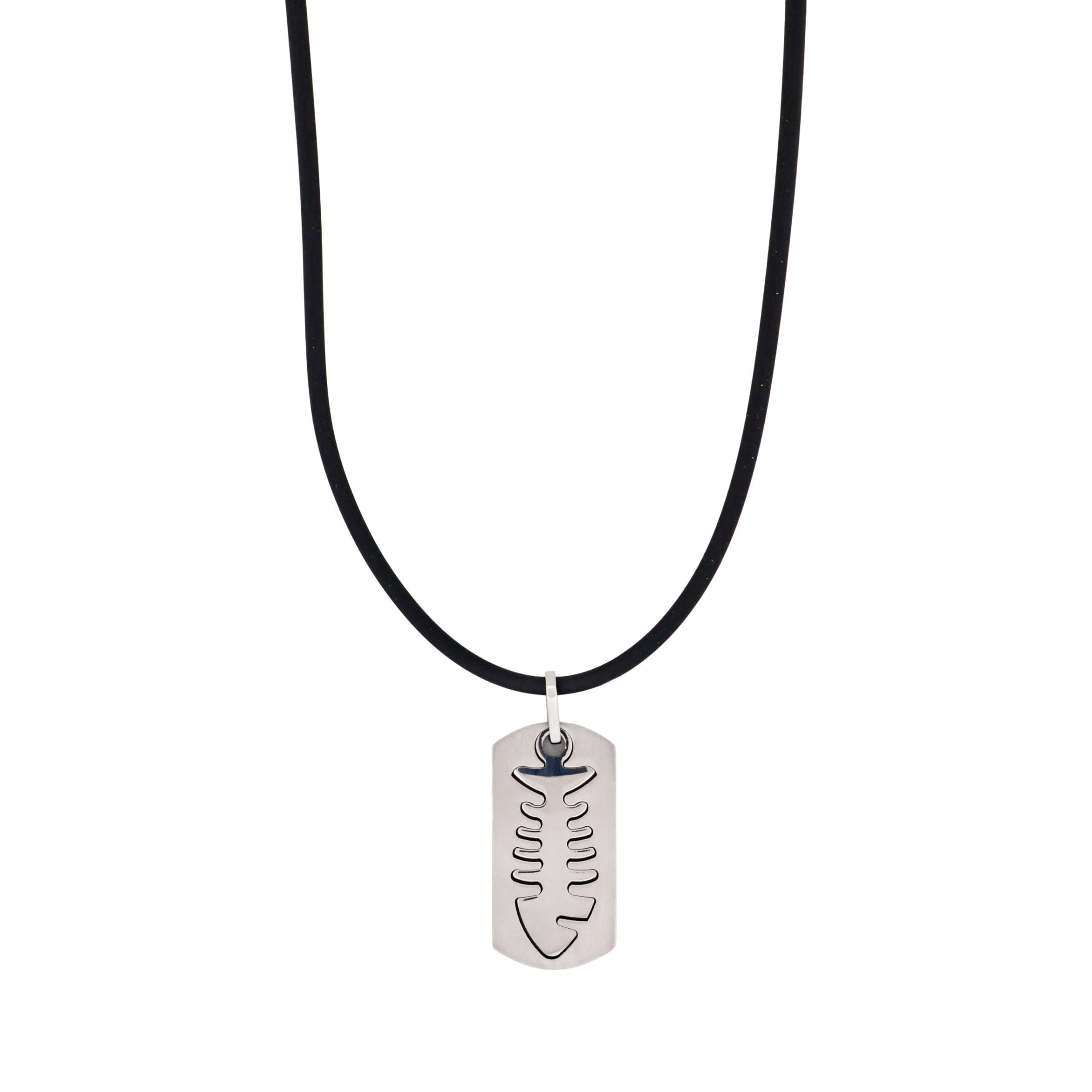 Brushed Stainless Steel Pendant with Cutout Fish Pattern on Rubber Chain