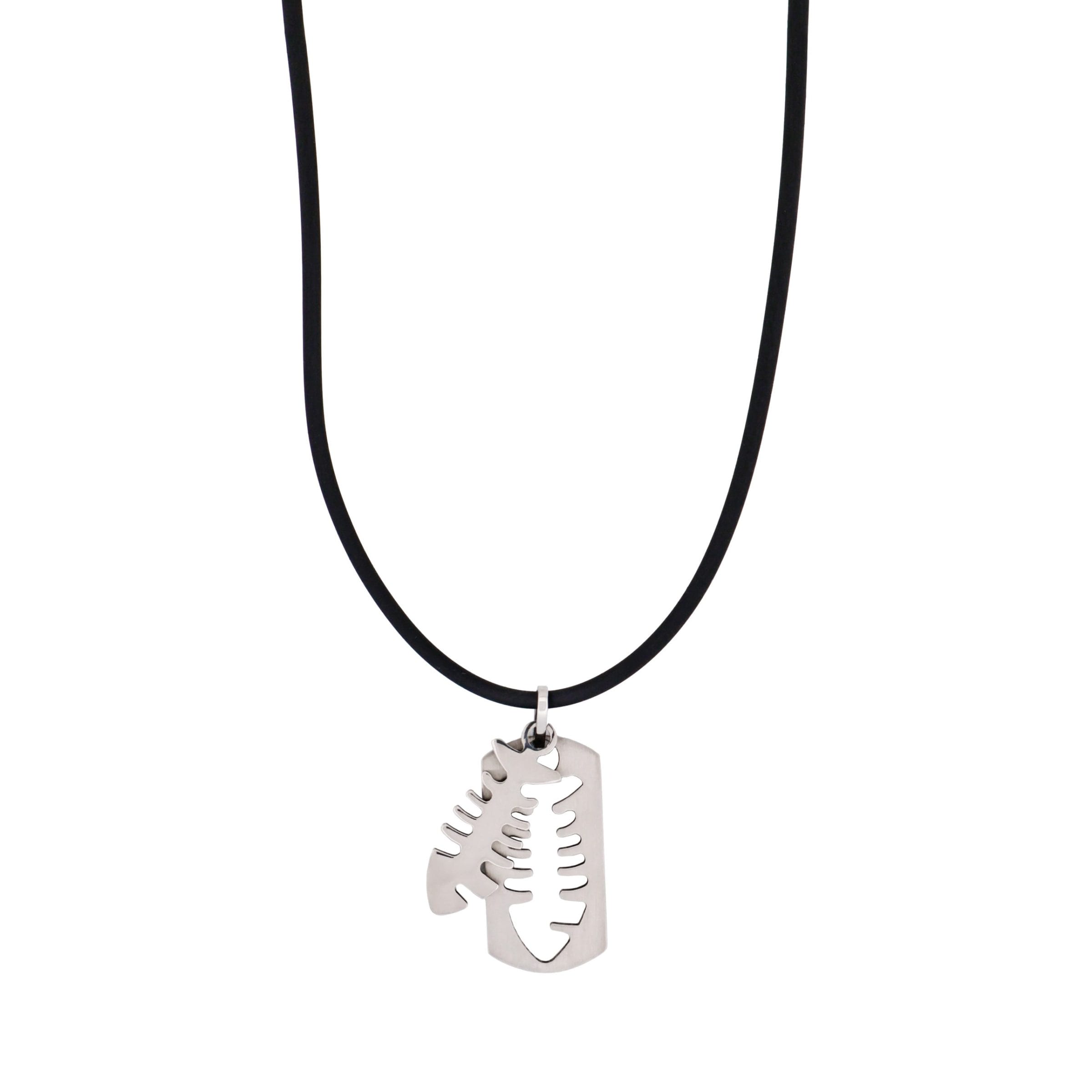 Brushed Stainless Steel Pendant with Cutout Fish Pattern on Rubber Chain