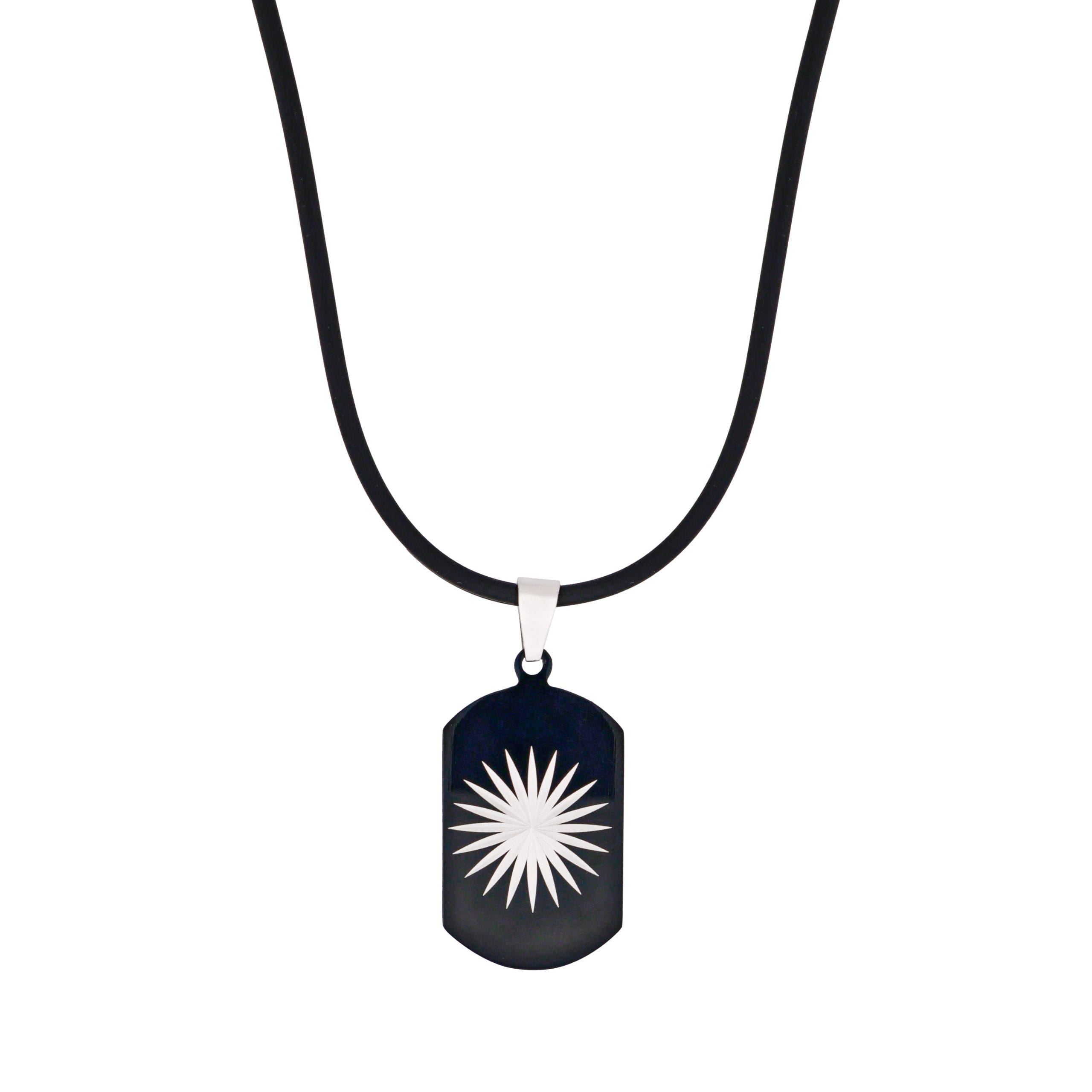 Stainless Steel Ion Plated Black Dog Tag with Star Pattern Centre on Rubber Chain