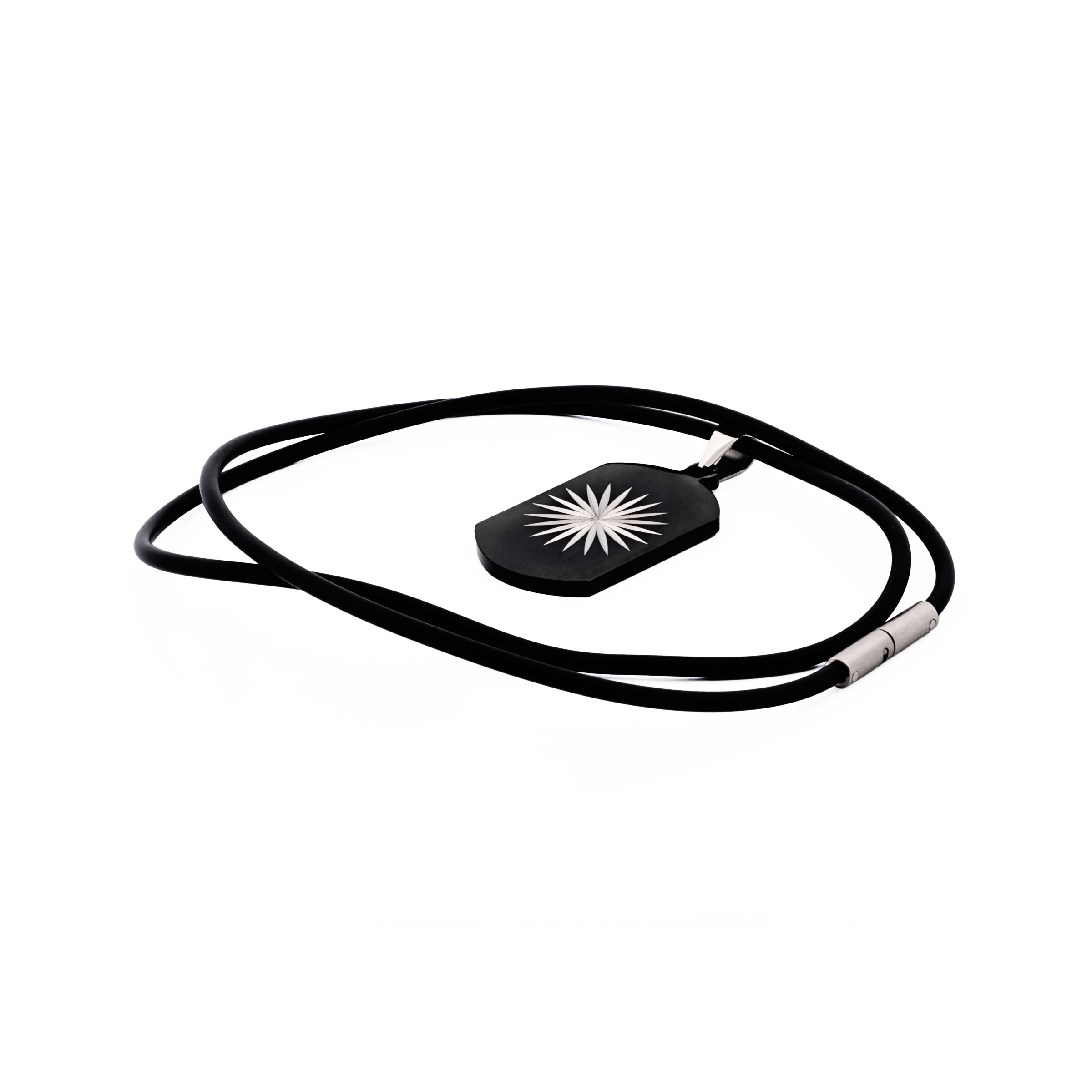 Stainless Steel Ion Plated Black Dog Tag with Star Pattern Centre on Rubber Chain