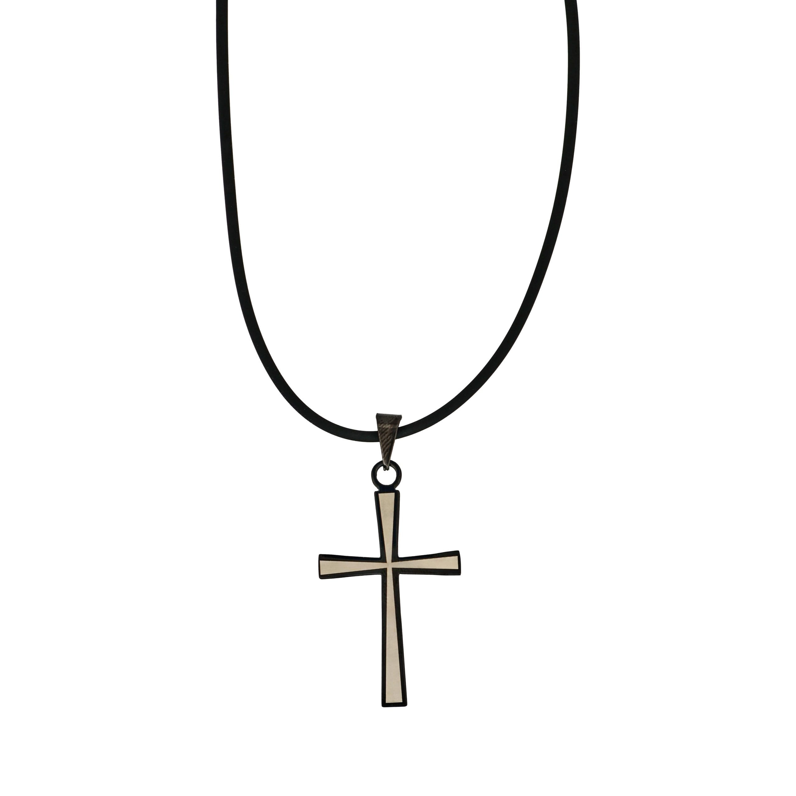 Stainless Steel & Black Cross Pendant on Rubber Chain