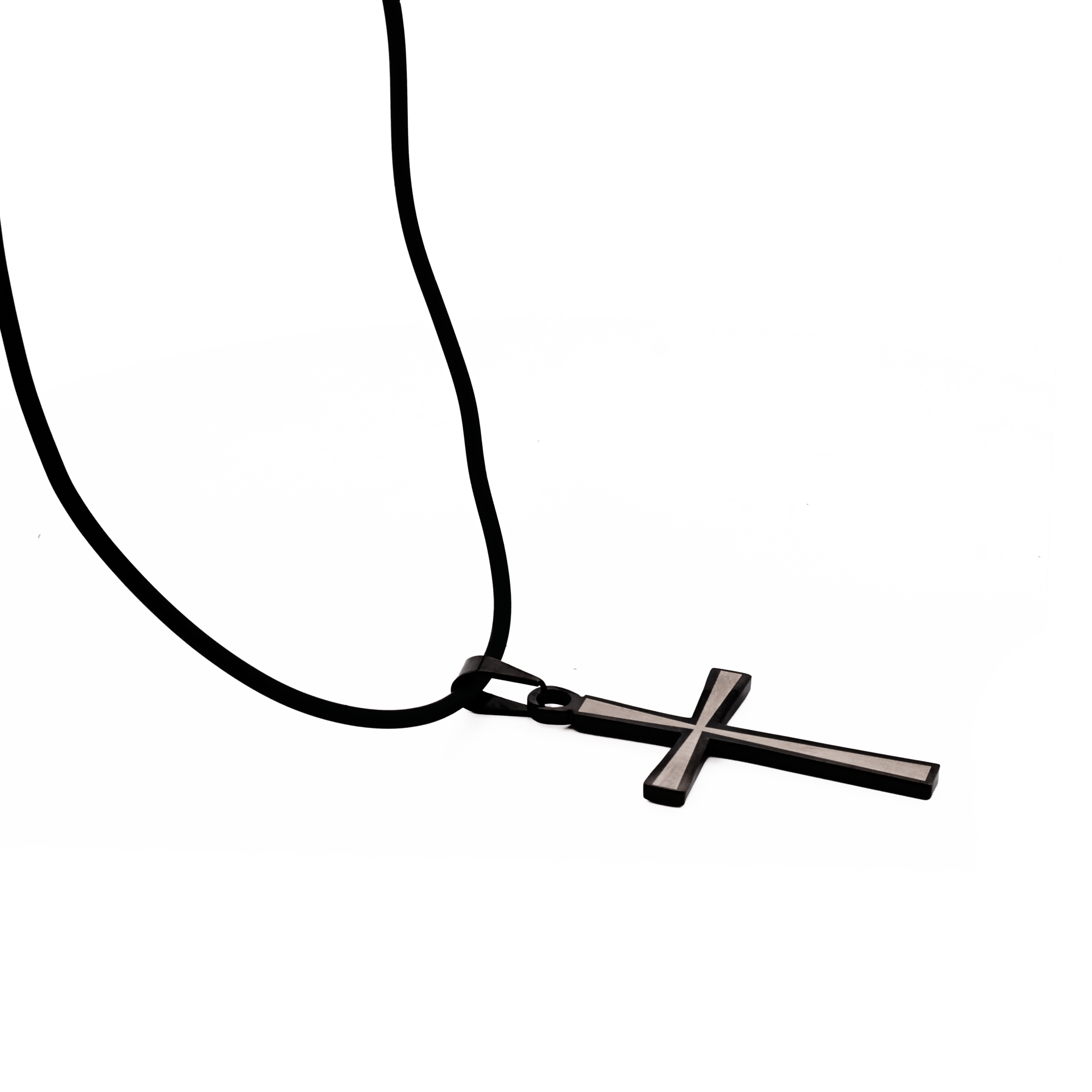 Stainless Steel & Black Cross Pendant on Rubber Chain