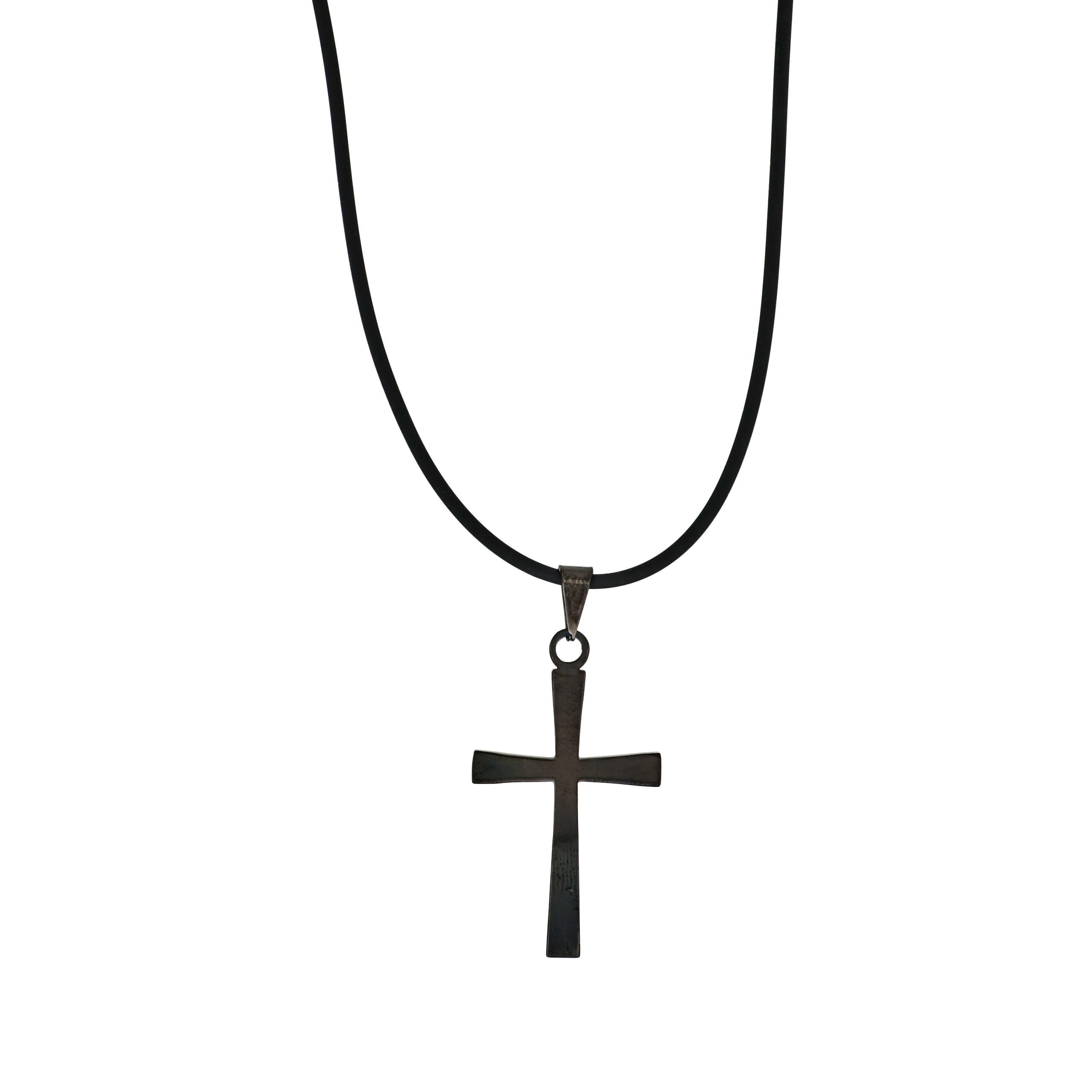Stainless Steel & Black Cross Pendant on Rubber Chain