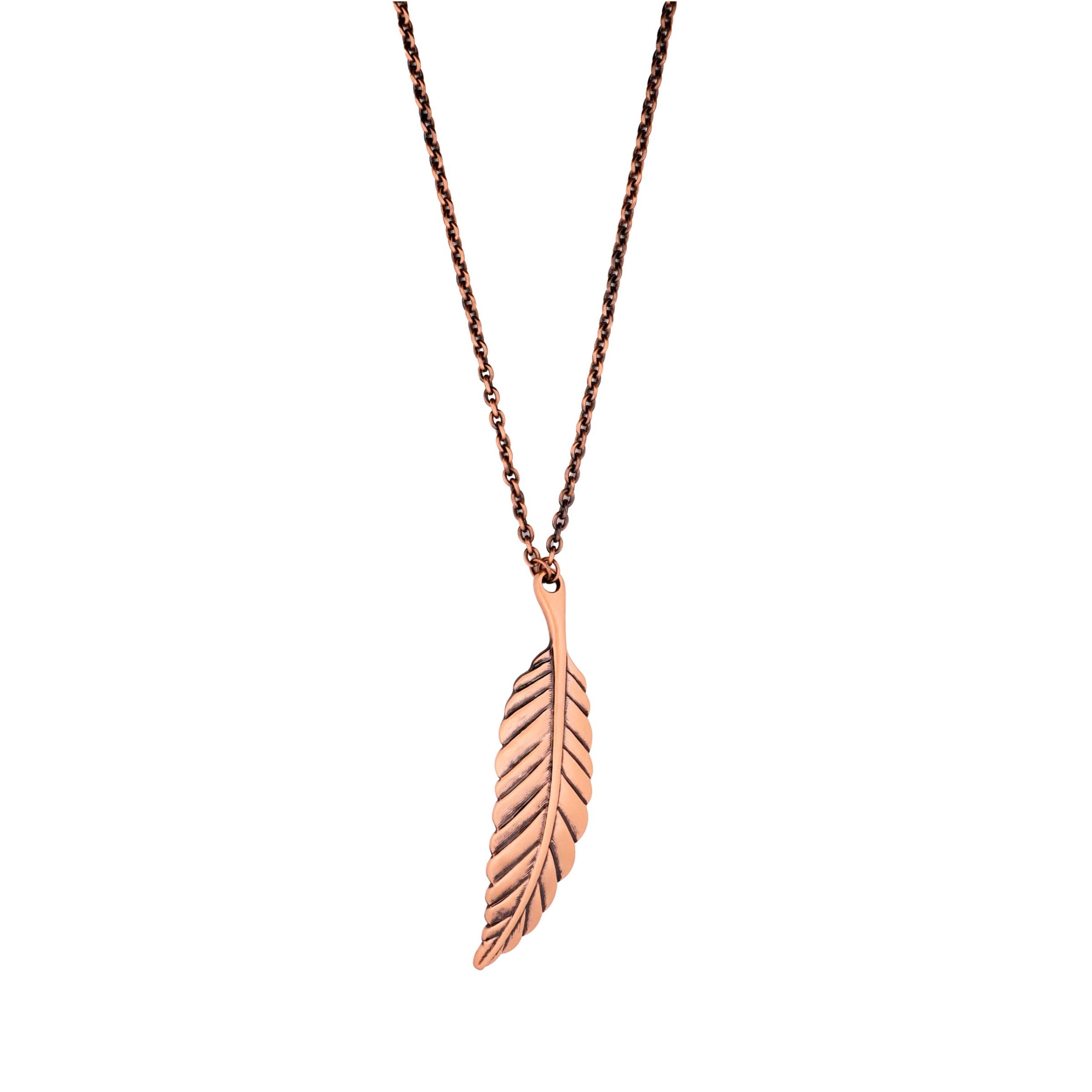 Brushed Copper Feather Pendant on Matching Ball Chain