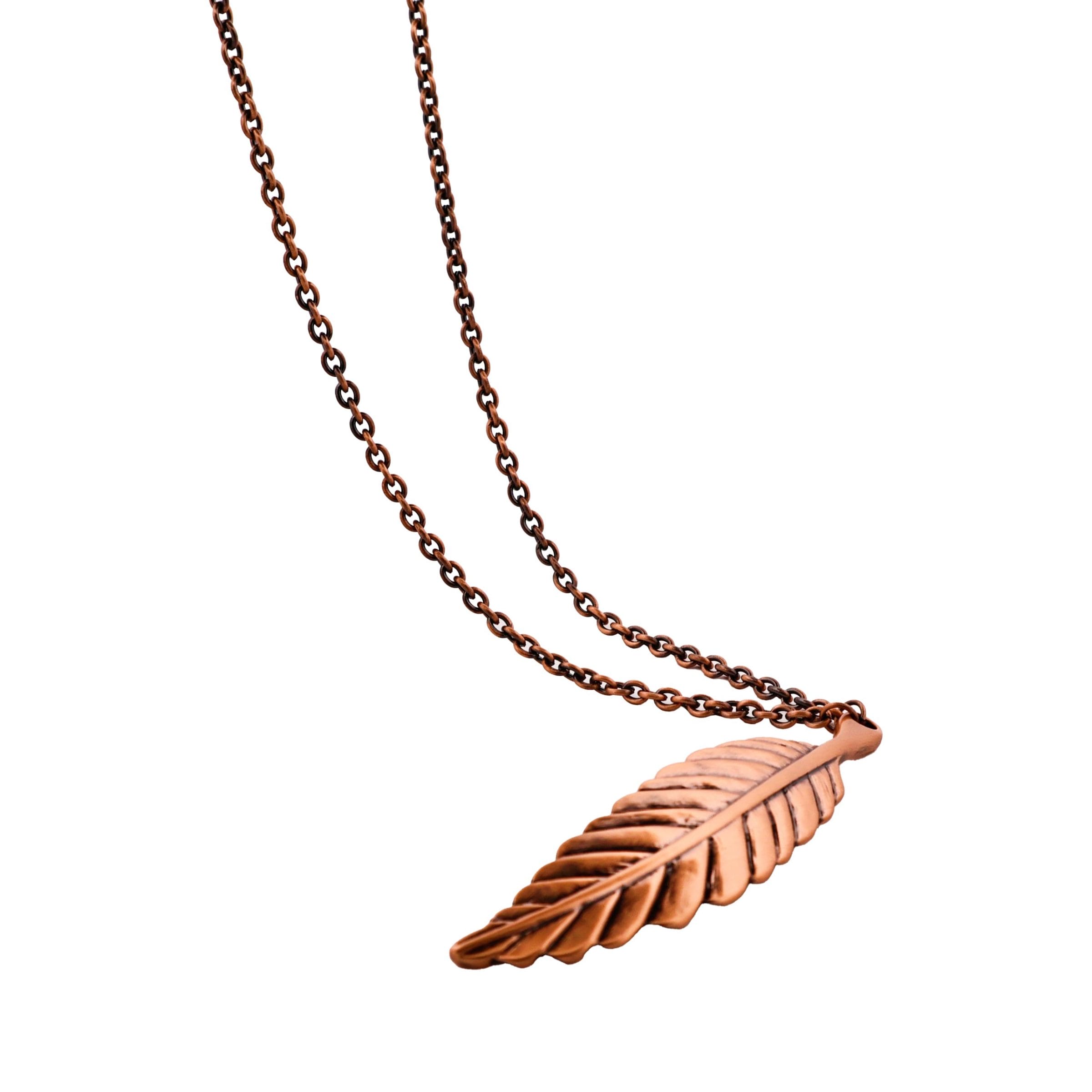Brushed Copper Feather Pendant on Matching Ball Chain