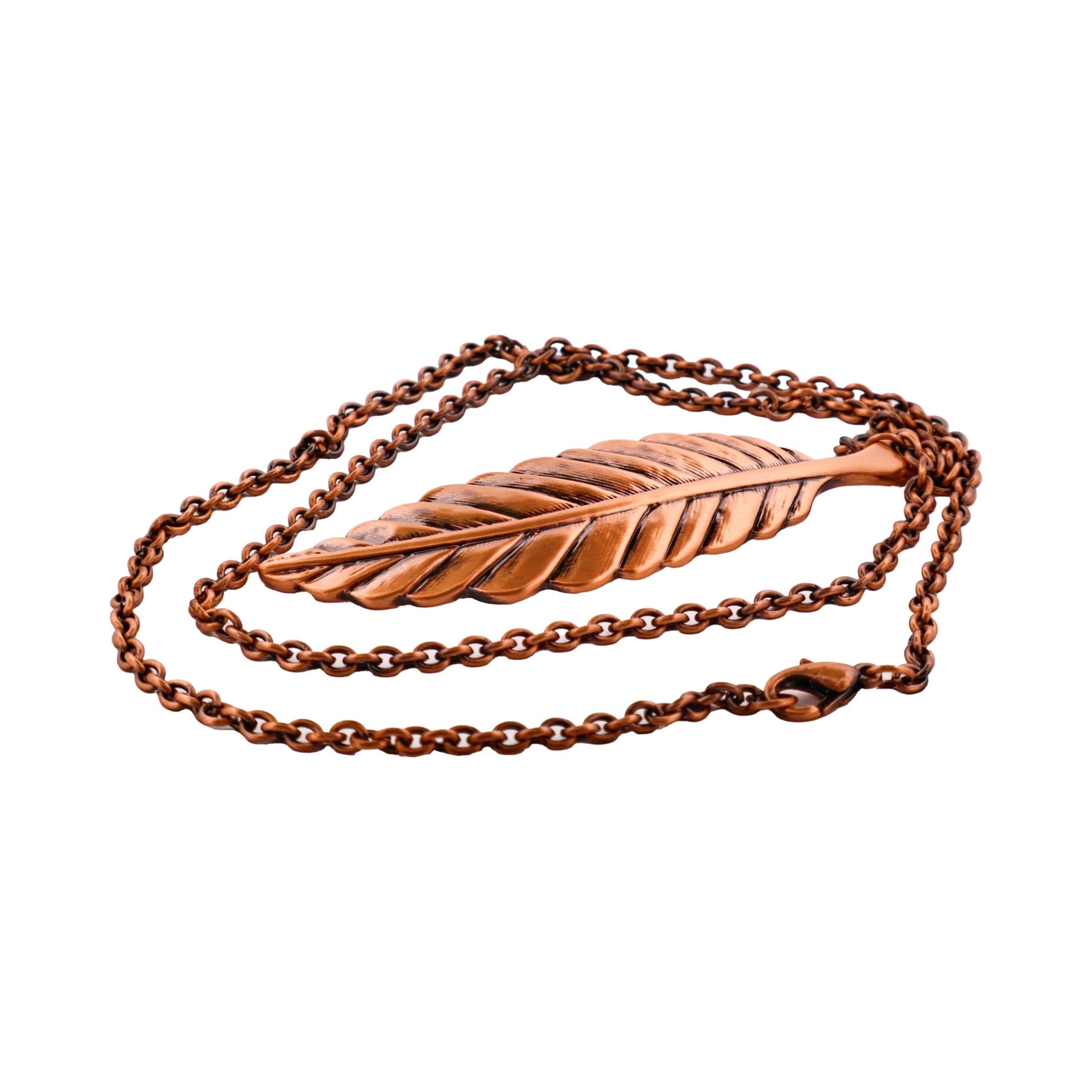 Brushed Copper Feather Pendant on Matching Ball Chain