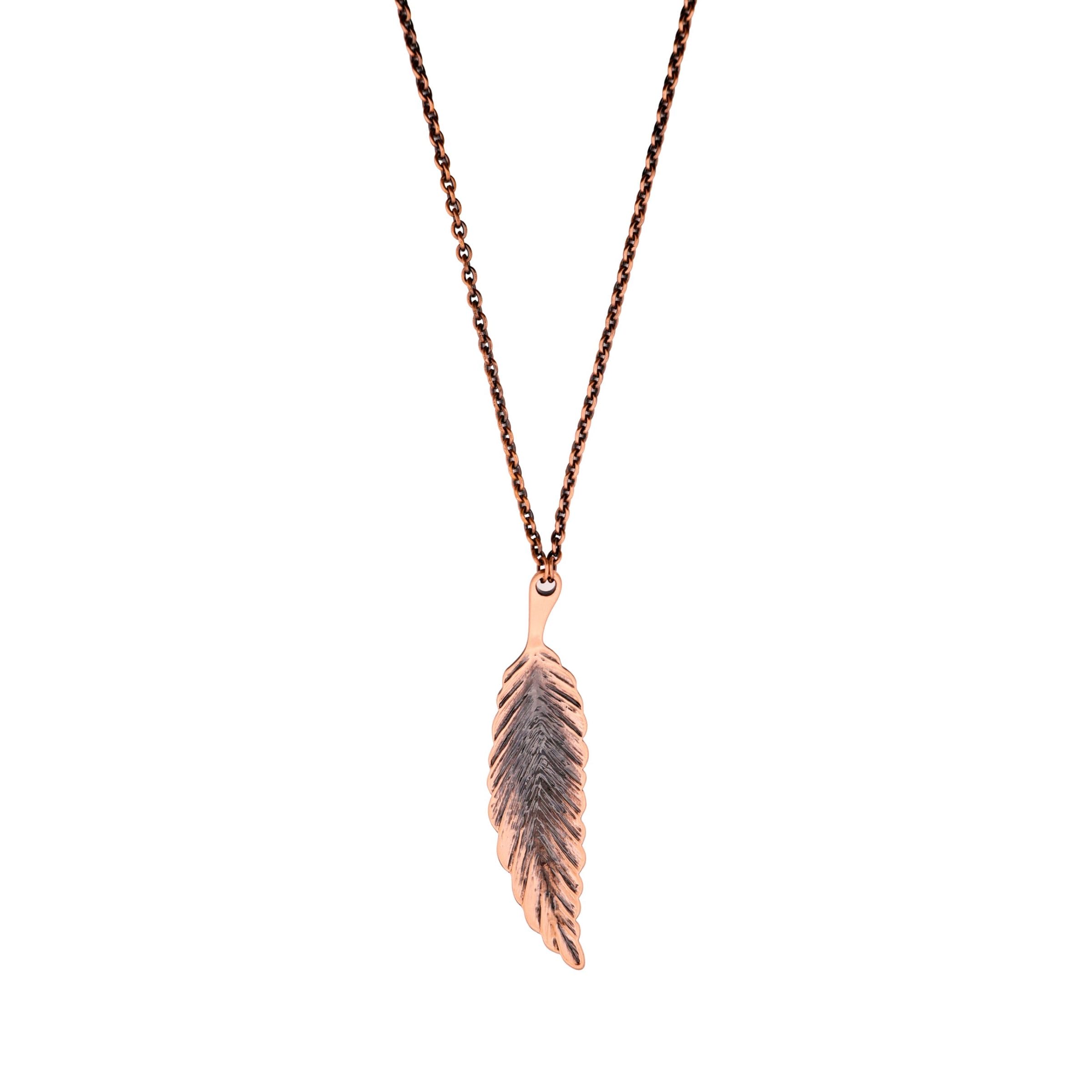 Brushed Copper Feather Pendant on Matching Ball Chain