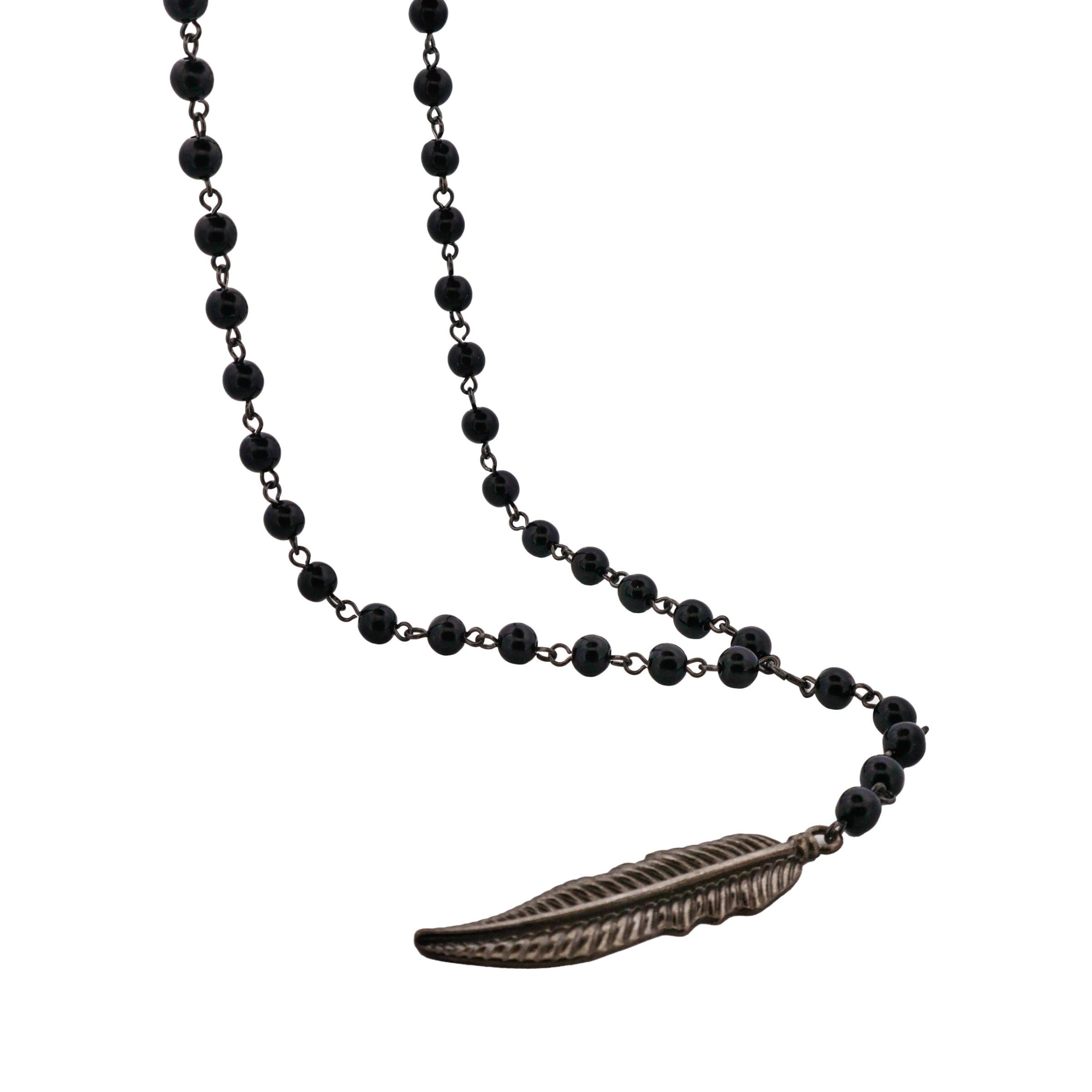 Alloy Feather Pendant on Alloy & Black Plated Ball Chain