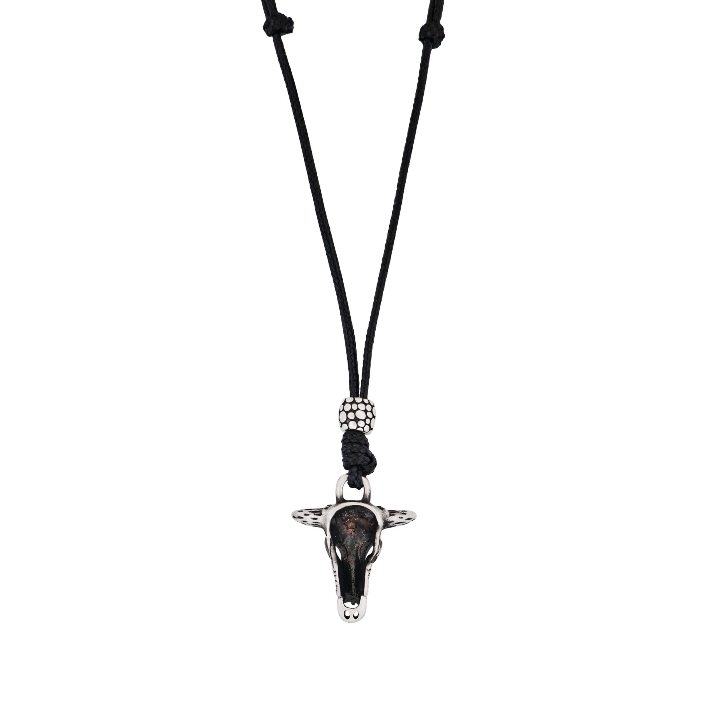 Antique Stainless Steel Cow Skull & Adjustable Wax Leather Pendant