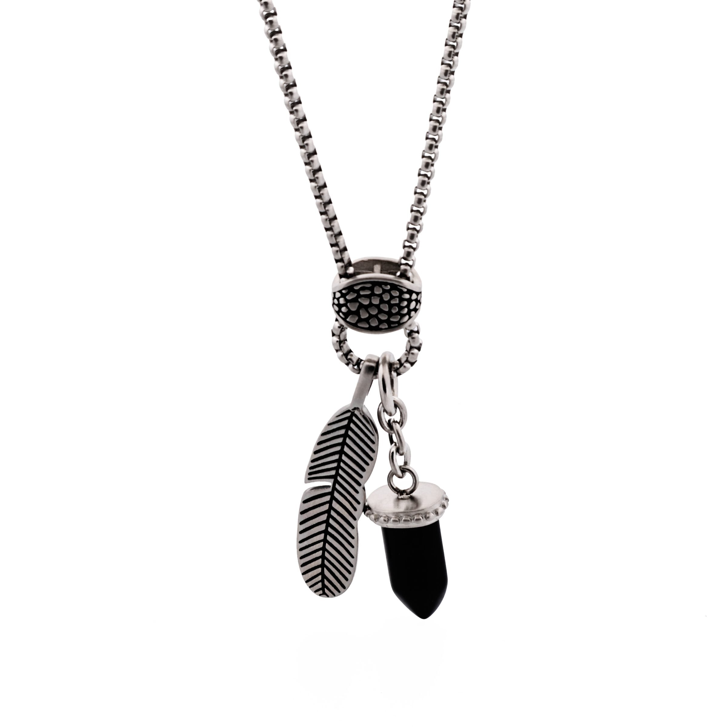 Antique Stainless Steel - Agate Bullet & Feather Pendant on Box Chain