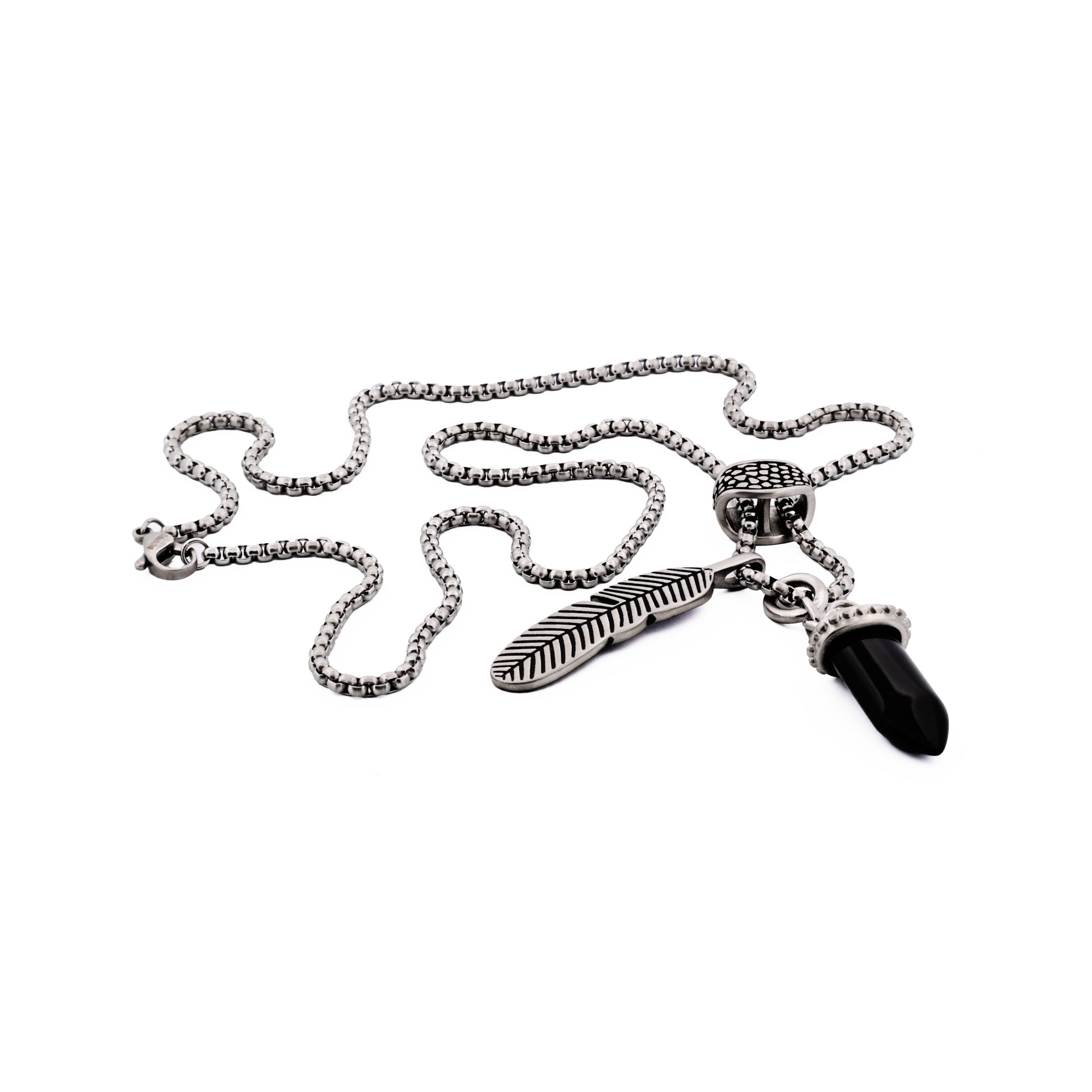 Antique Stainless Steel - Agate Bullet & Feather Pendant on Box Chain