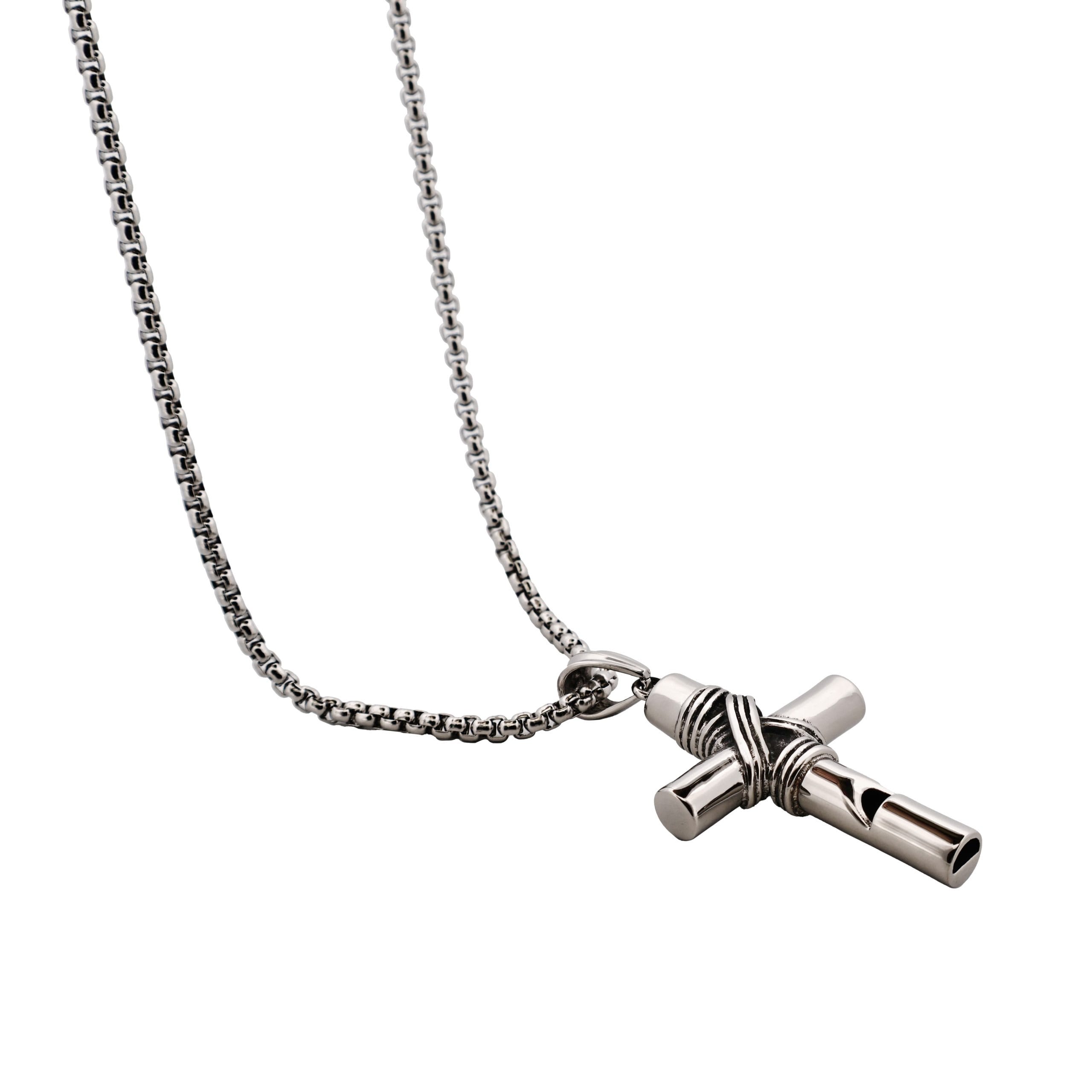 Stainless Steel & Wired Cross with Whistle - 60cm Box Chain