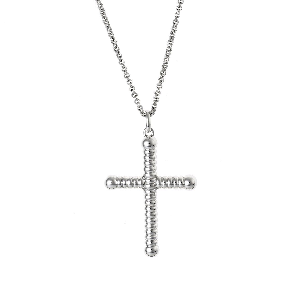 Rhodium Plated Sterling Silver Twisted Cross Pendant on Rolo Chain