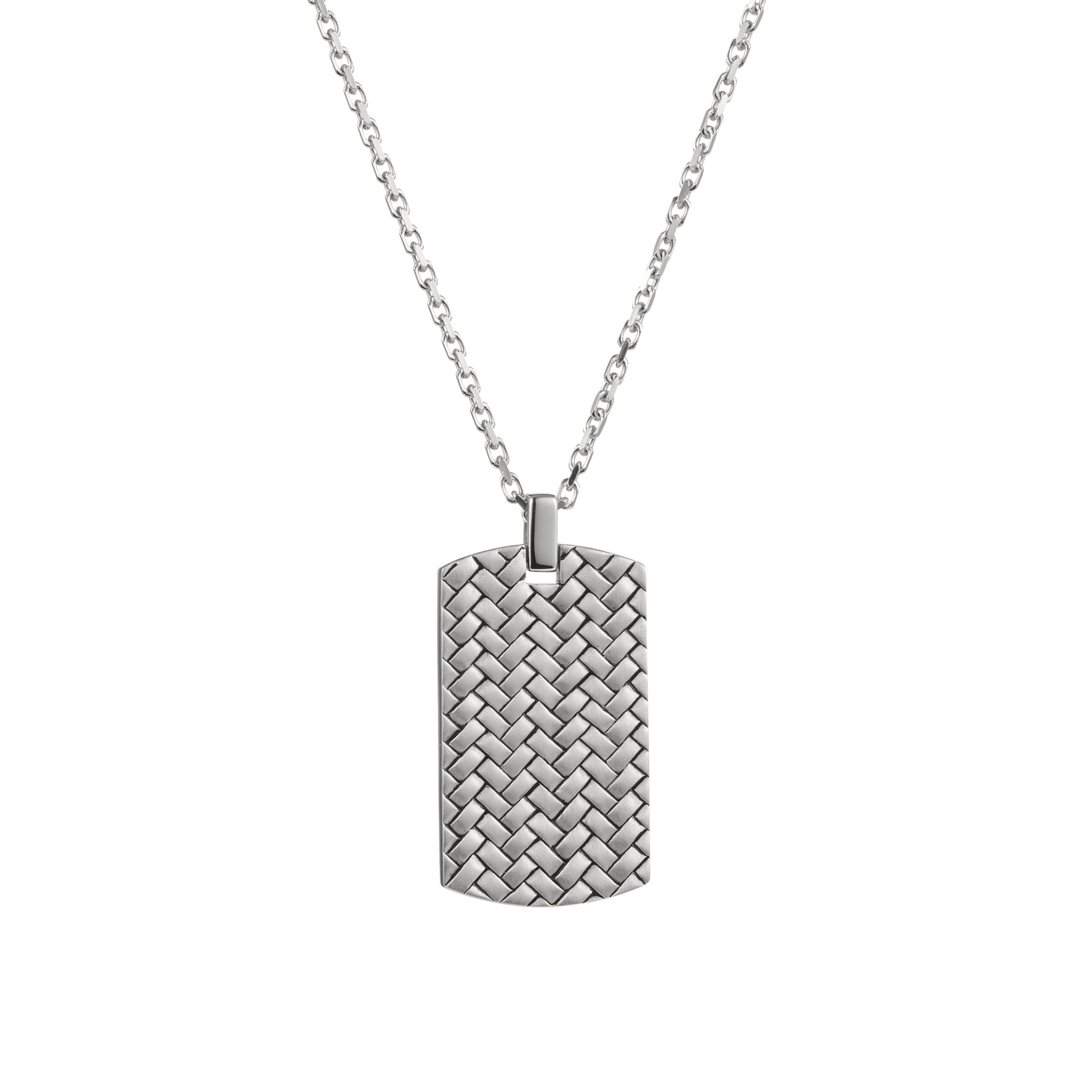 Rhodium Plated Sterling Silver Weave Patterned Dog Tag & Chain