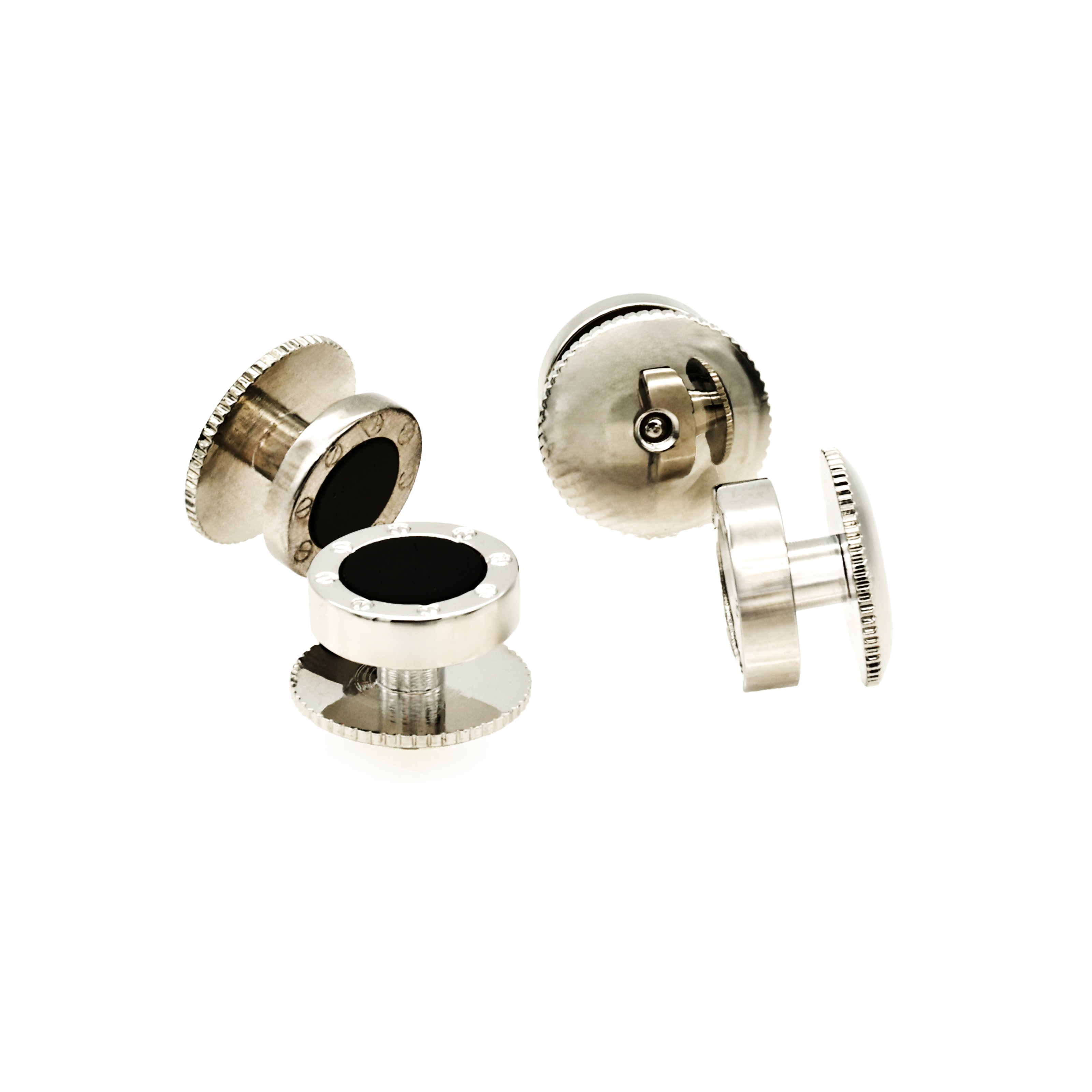 Rhodium plated and round Onyx Screw Shirt Studs (set of 4)