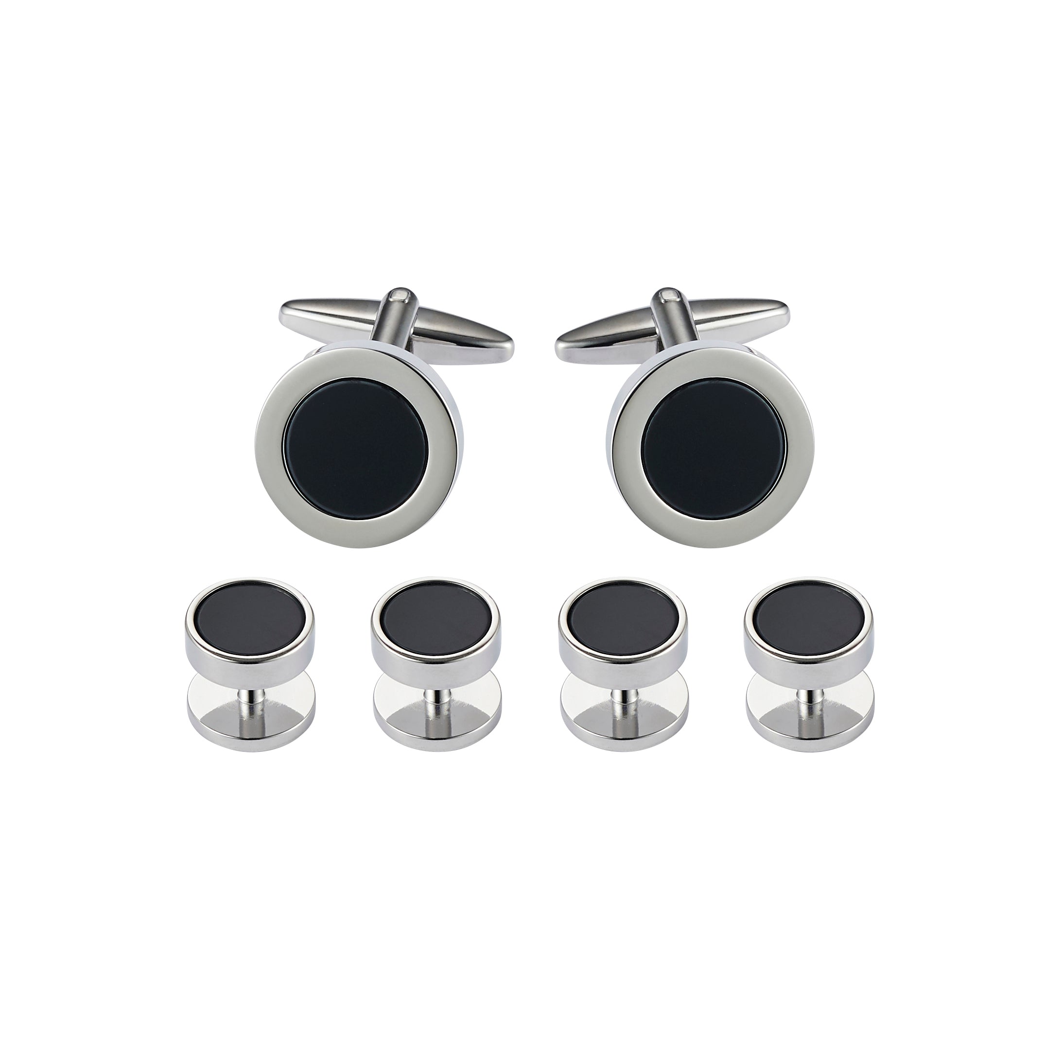 Cufflinks & Dress Studs: Round, Rhodium Plated + Black Inlay (201-21 + 405-21R, set 6)