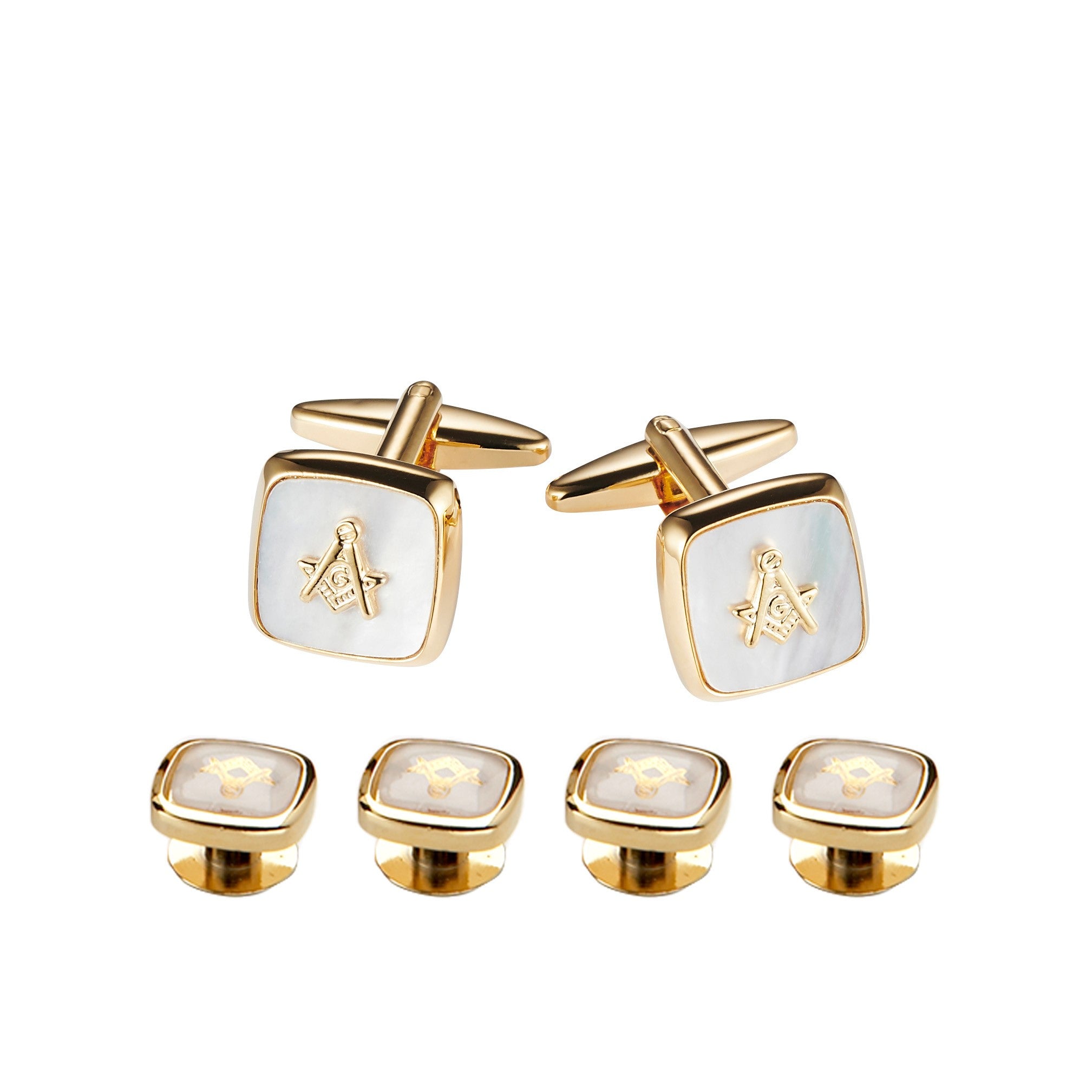 Masonic Set Gold Plated & White Pearl 2 x Cufflinks 4 x Shirt Studs